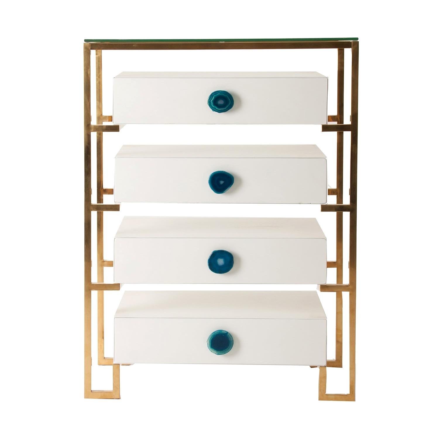 White Lacquer Wooden and Agate Handles Chest of Drawers