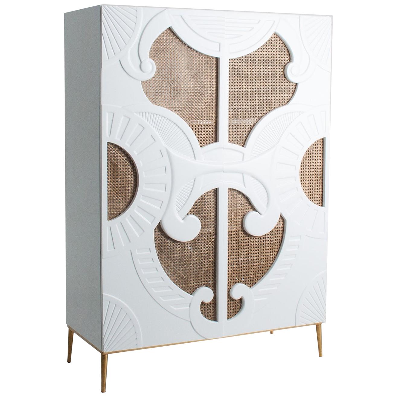 White Lacquer Wooden and Woven Cane Cabinet