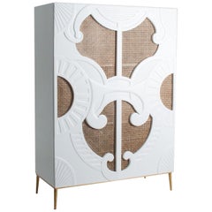 White Lacquer Wooden and Woven Cane Cabinet