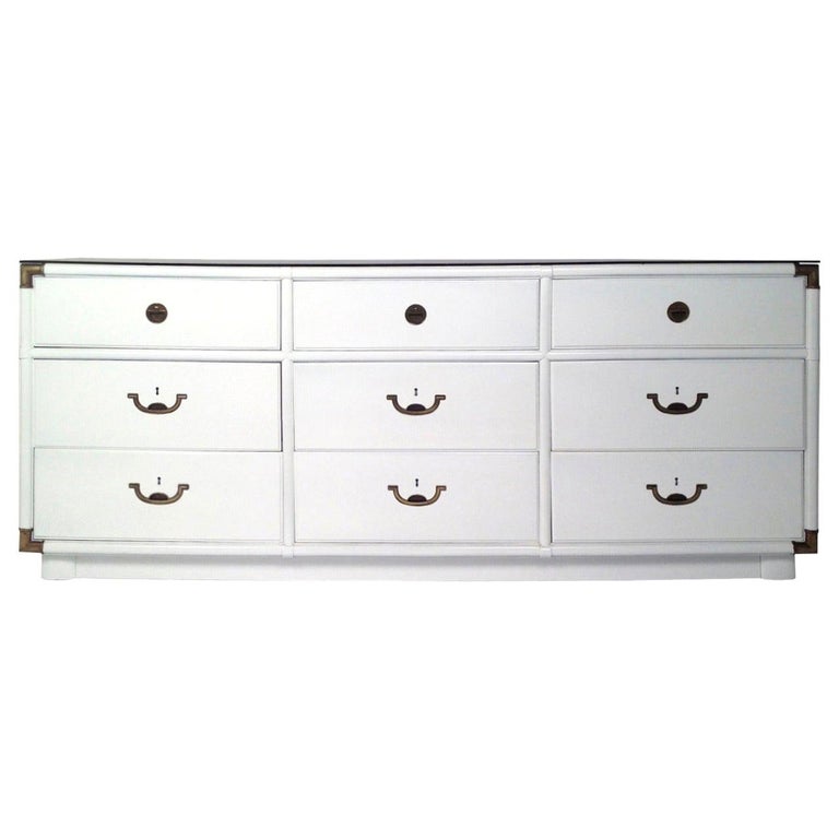 White Lacquered 9 Drawer W Brass Hardware And Green Lucite Top