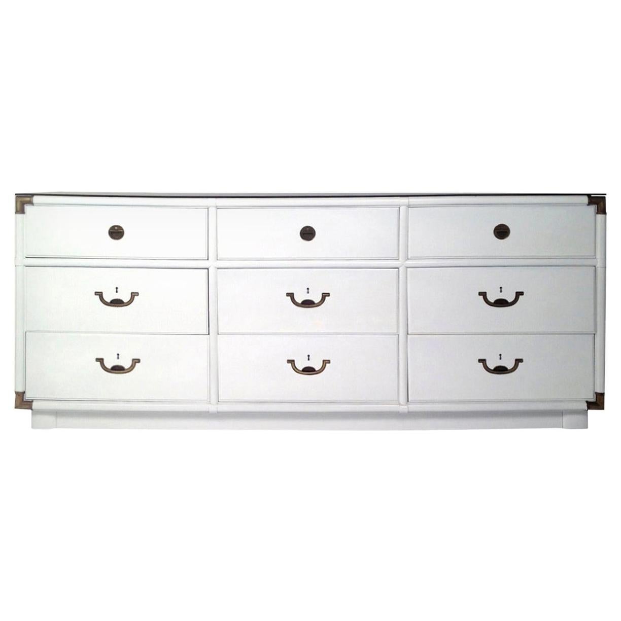White Lacquered, 9-Drawer w/ Brass Hardware & Green Lucite Top Campaign Dresser For Sale