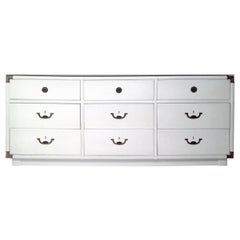White Lacquered, 9-Drawer w/ Brass Hardware & Green Lucite Top Campaign Dresser