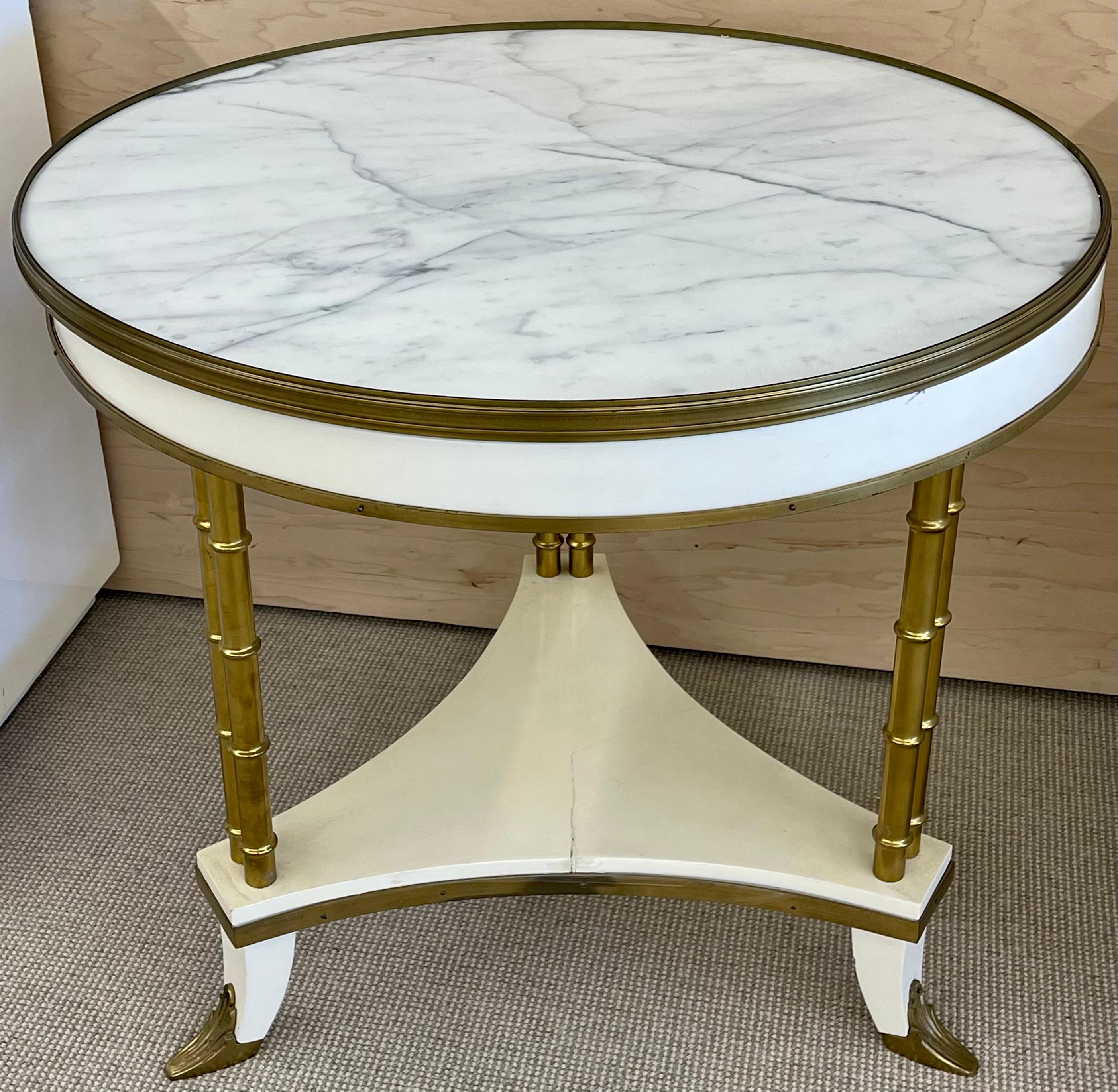 White Lacquered Brass Mounted Marble Top Bouilliote Table Style of Maison Jansen In Good Condition In Stamford, CT