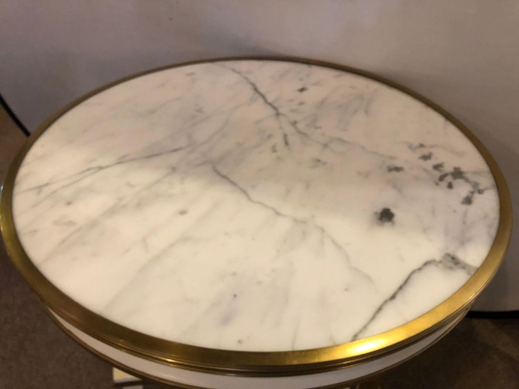 White Lacquered Brass Mounted Marble Top Bouilliote Table Style of Maison Jansen In Good Condition For Sale In Stamford, CT