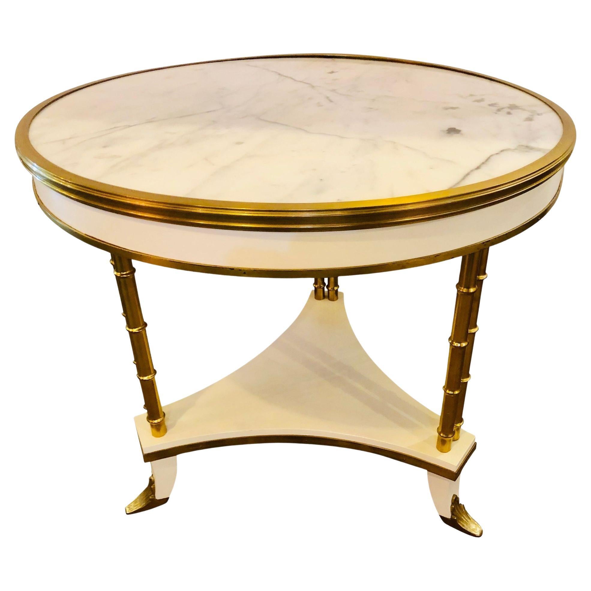 White Lacquered Brass Mounted Marble Top Bouilliote Table Style of Maison Jansen For Sale