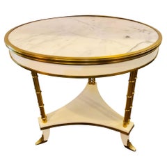 White Lacquered Brass Mounted Marble Top Bouilliote Table Style of Maison Jansen