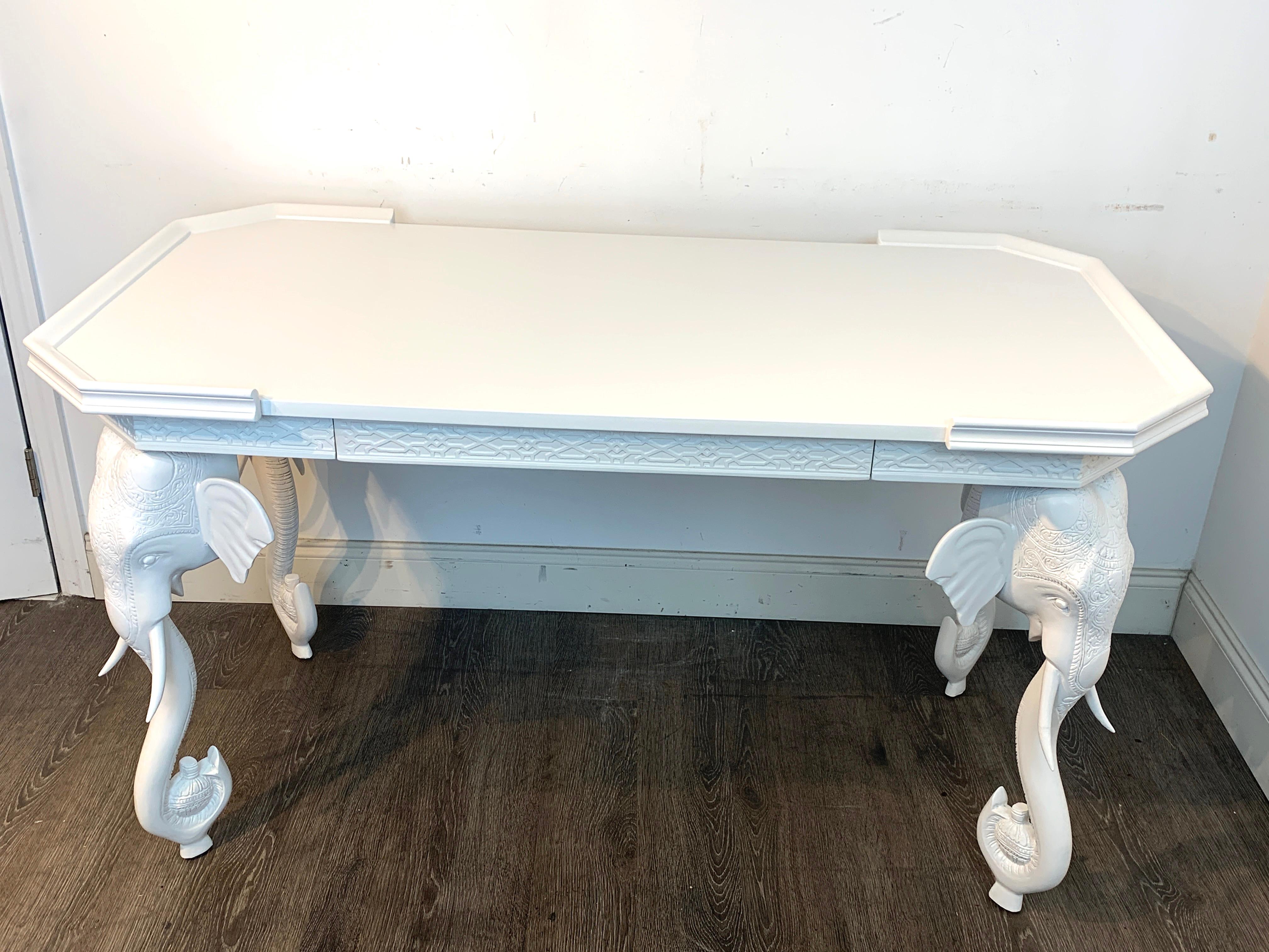 Hollywood Regency White Lacquered Carved Elephant Motif Desk / Console by Gampel & Stoll