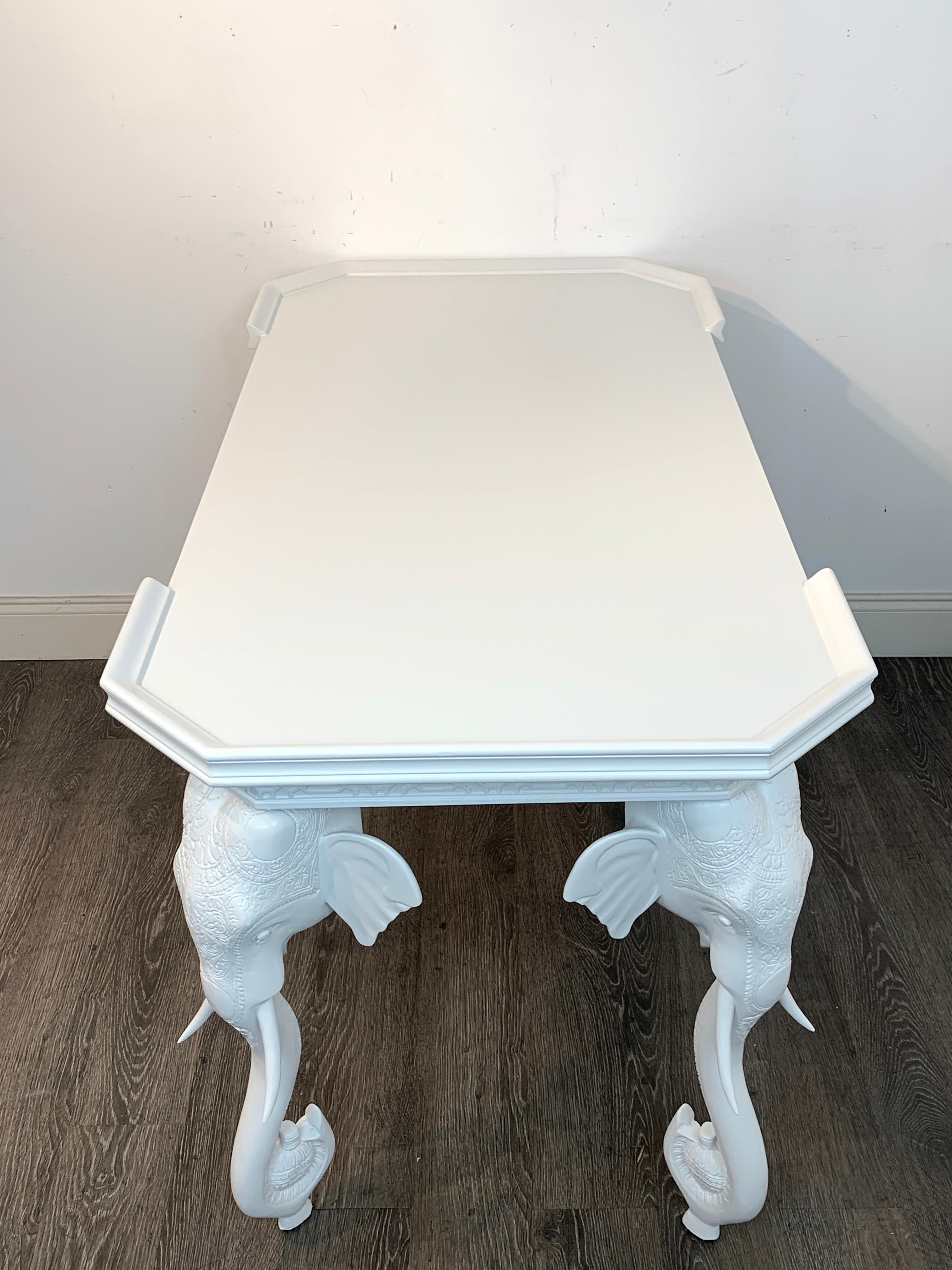 White Lacquered Carved Elephant Motif Desk / Console by Gampel & Stoll In Good Condition In West Palm Beach, FL