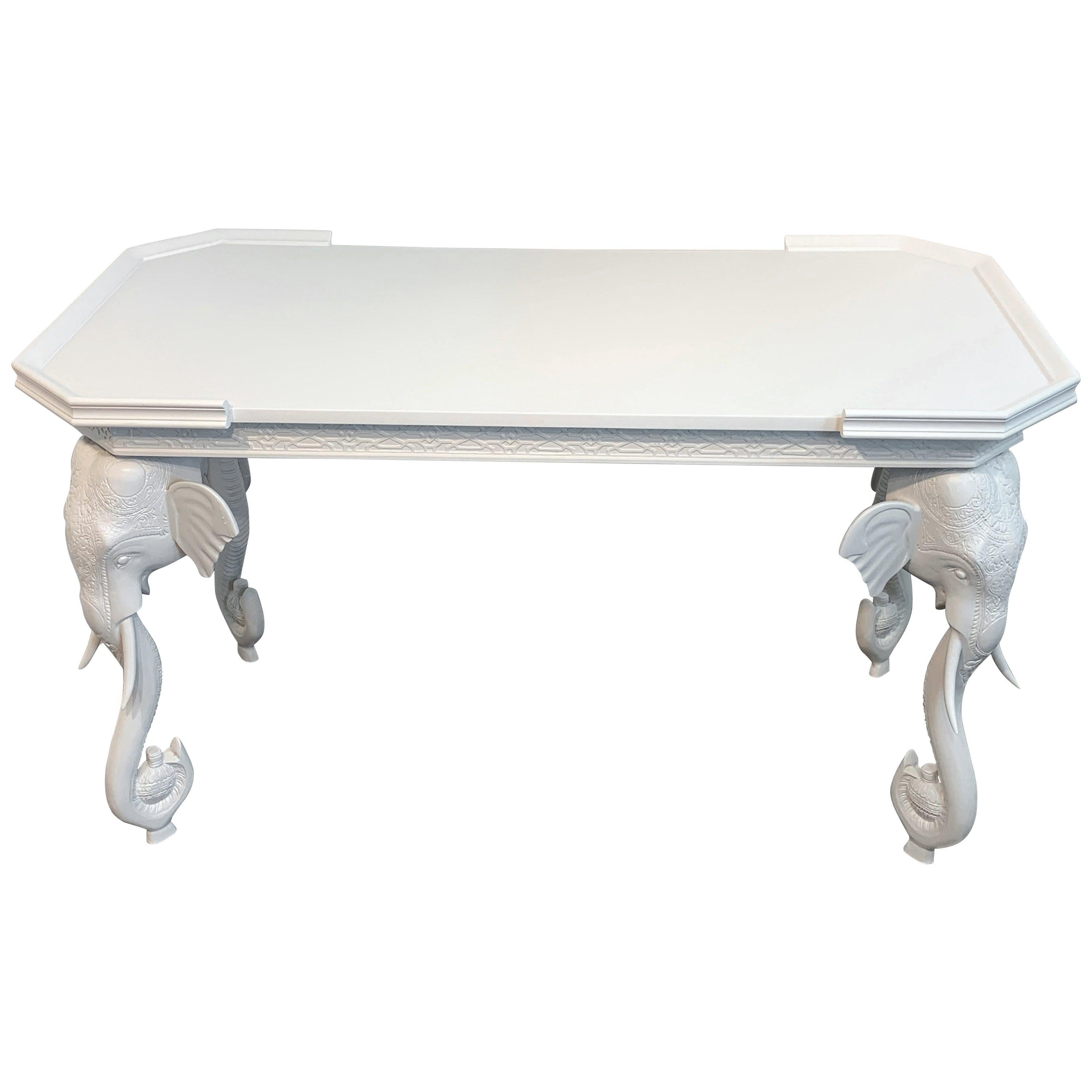 White Lacquered Carved Elephant Motif Desk / Console by Gampel & Stoll