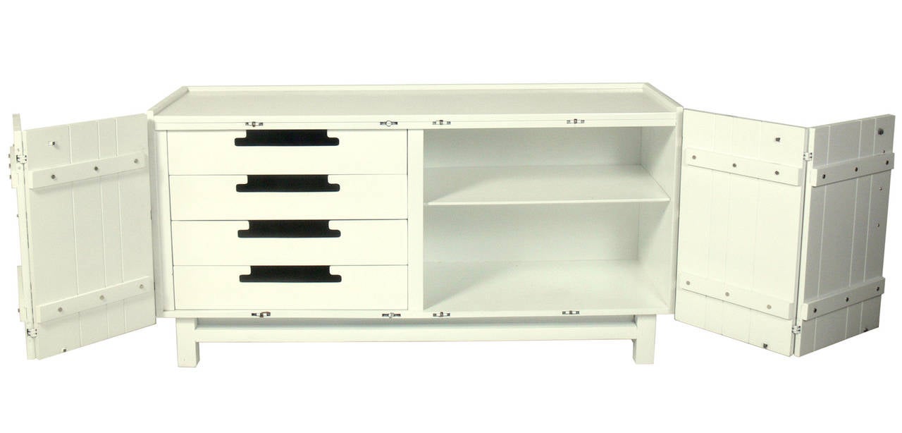 Mid-Century Modern White Lacquered Chest with Nickel Hardware in the Manner of Tommi Parzinger