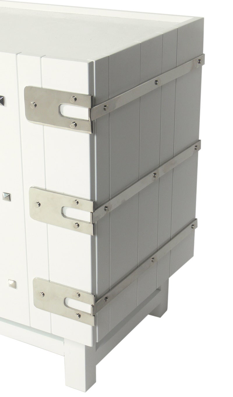 White Lacquered Chest with Nickel Hardware in the Manner of Tommi Parzinger In Good Condition In Atlanta, GA