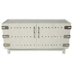 White Lacquered Chest with Nickel Hardware in the Manner of Tommi Parzinger