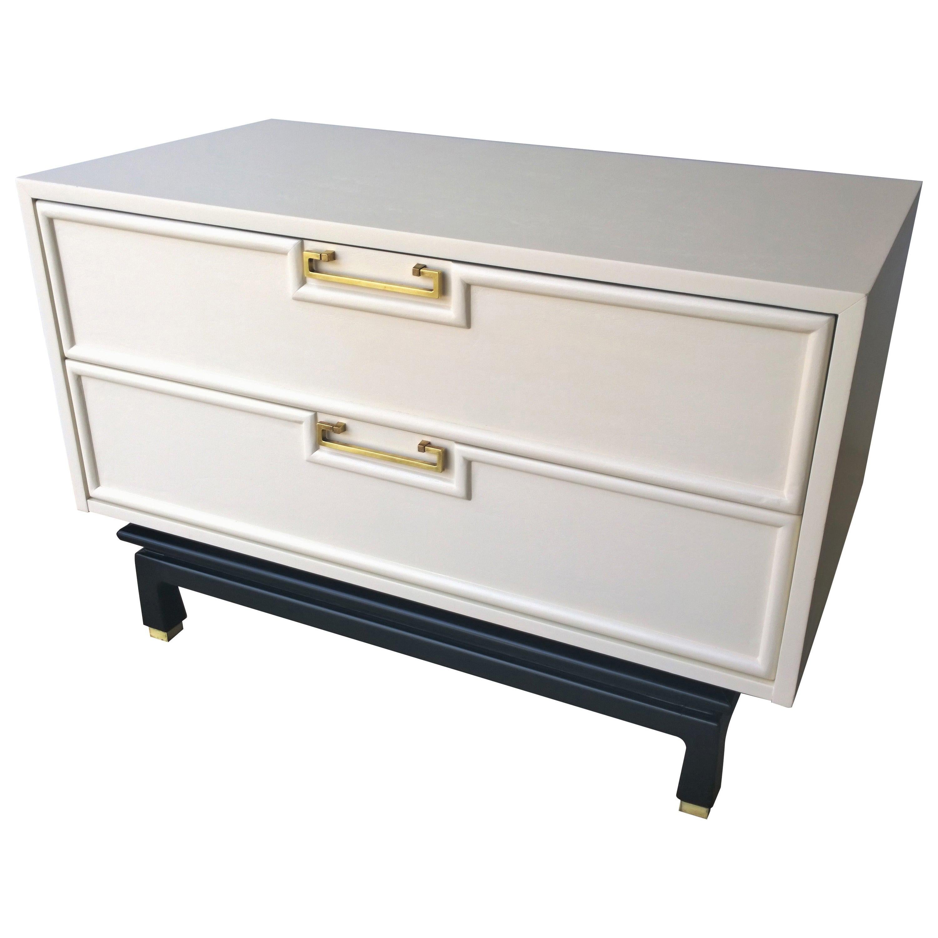 White Lacquered Chinoiserie Style Chest of Drawers with Black Base & Brass Pulls For Sale