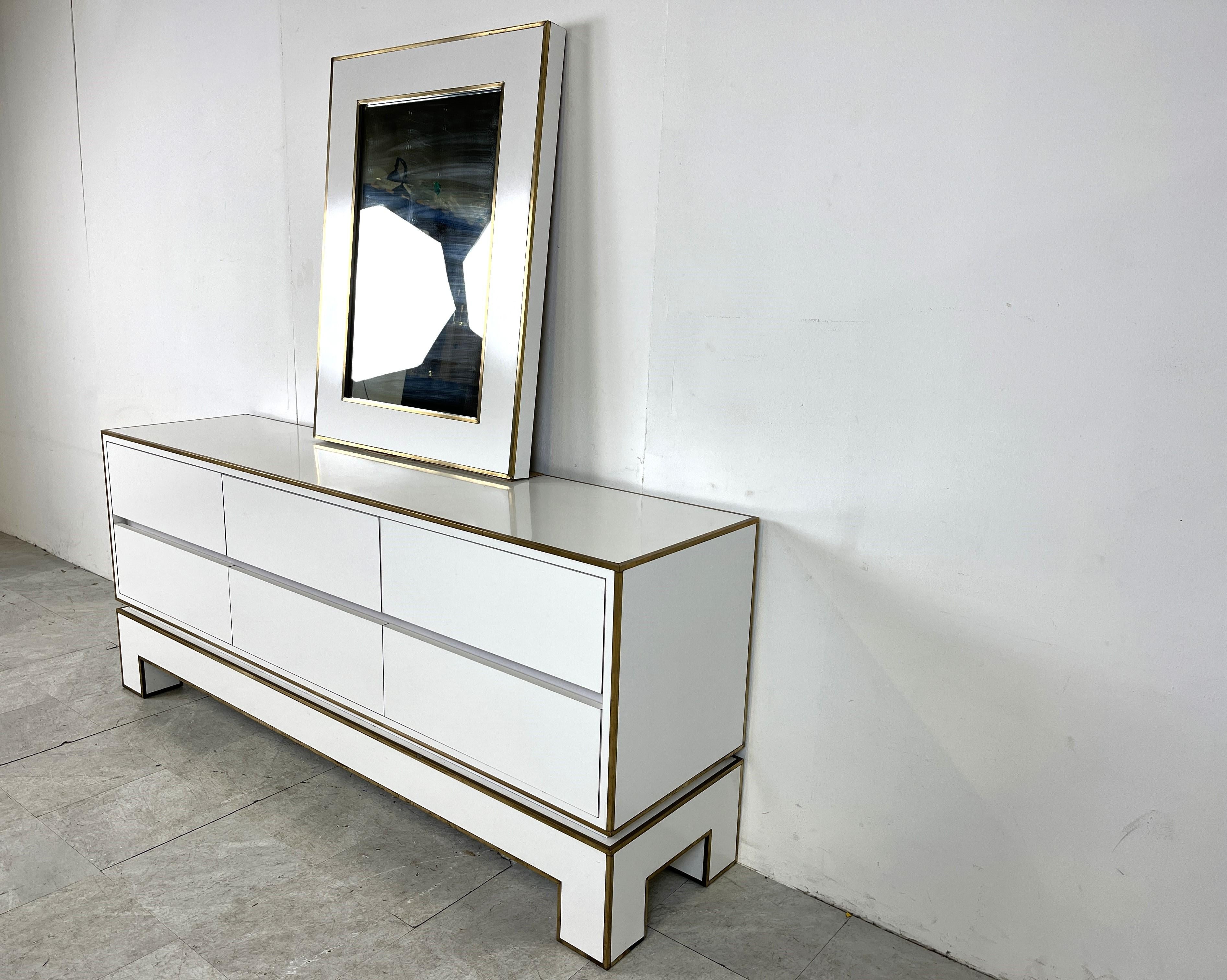 Hollywood Regency White lacquered credenza by Alain Delon with mirror, 1970s For Sale