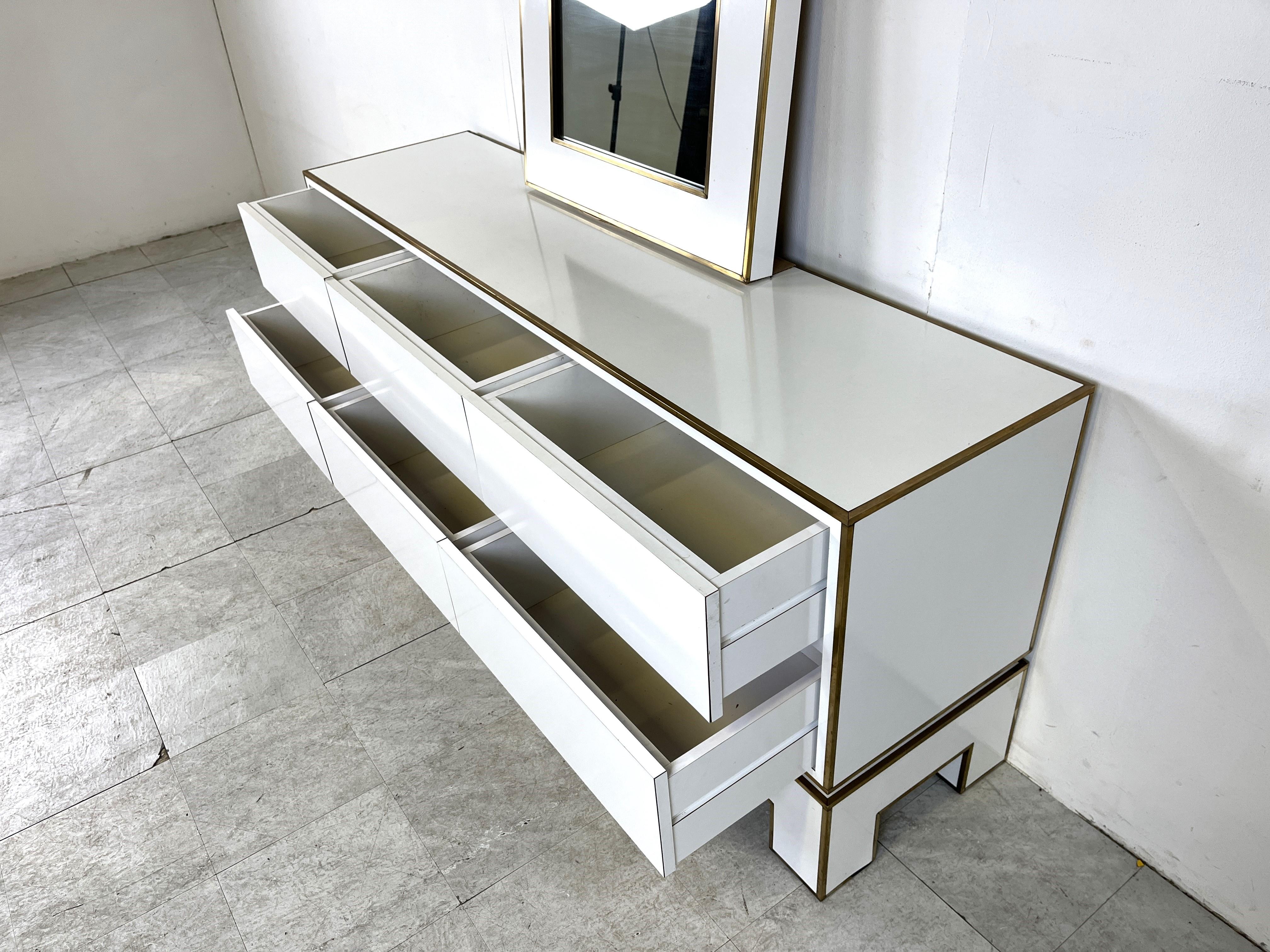 Brass White lacquered credenza by Alain Delon with mirror, 1970s For Sale