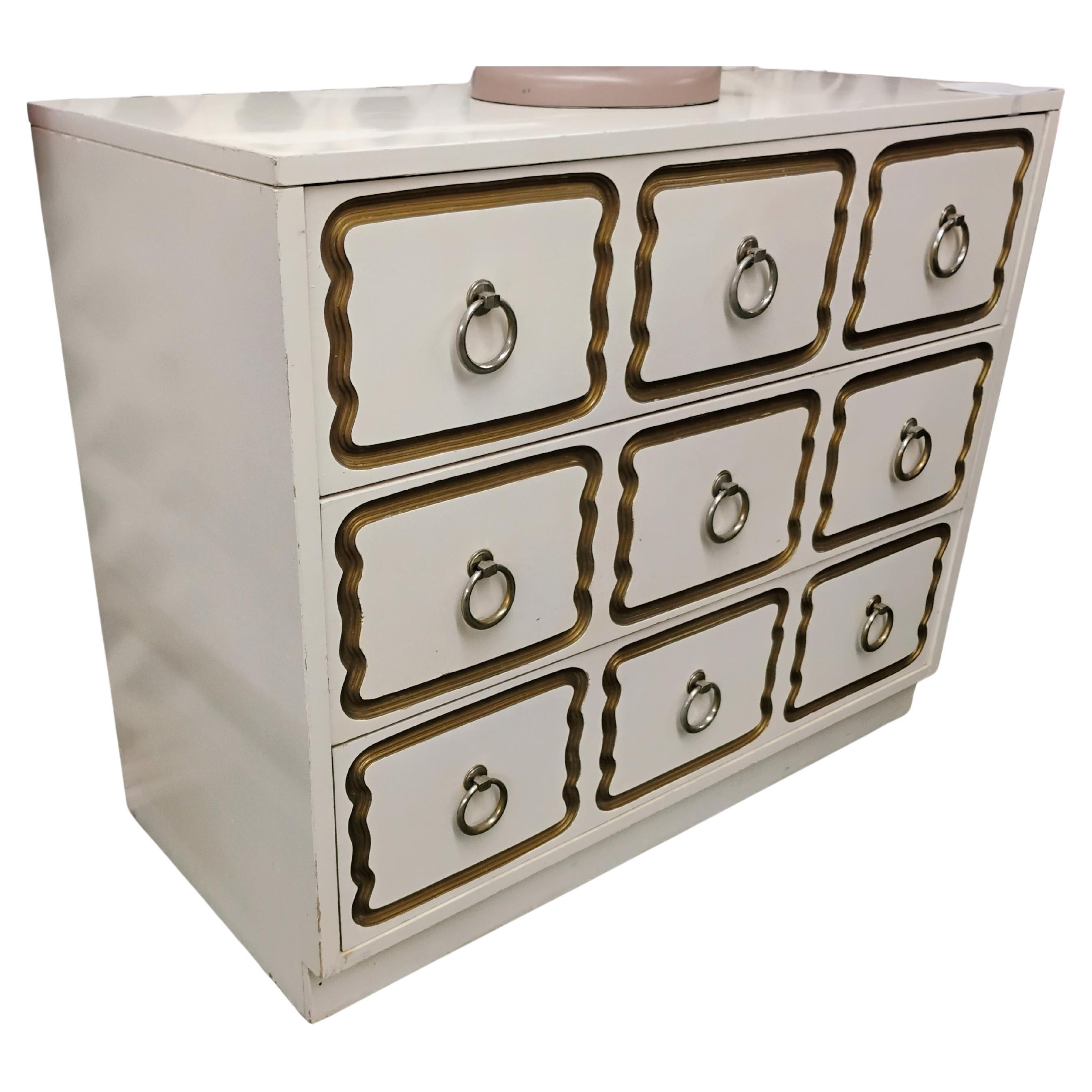 Mid-Century Modern White Lacquered Dorothy Draper Style 3 Drawer Commode For Sale