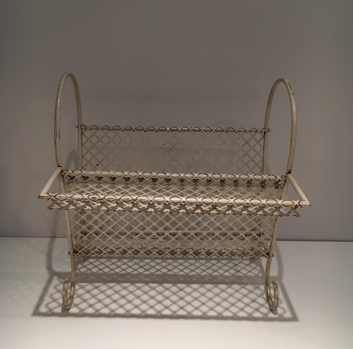 Mid-Century Modern White Lacquered Et Perforated Magazine Rack, French Work in the Style of Mathieu For Sale