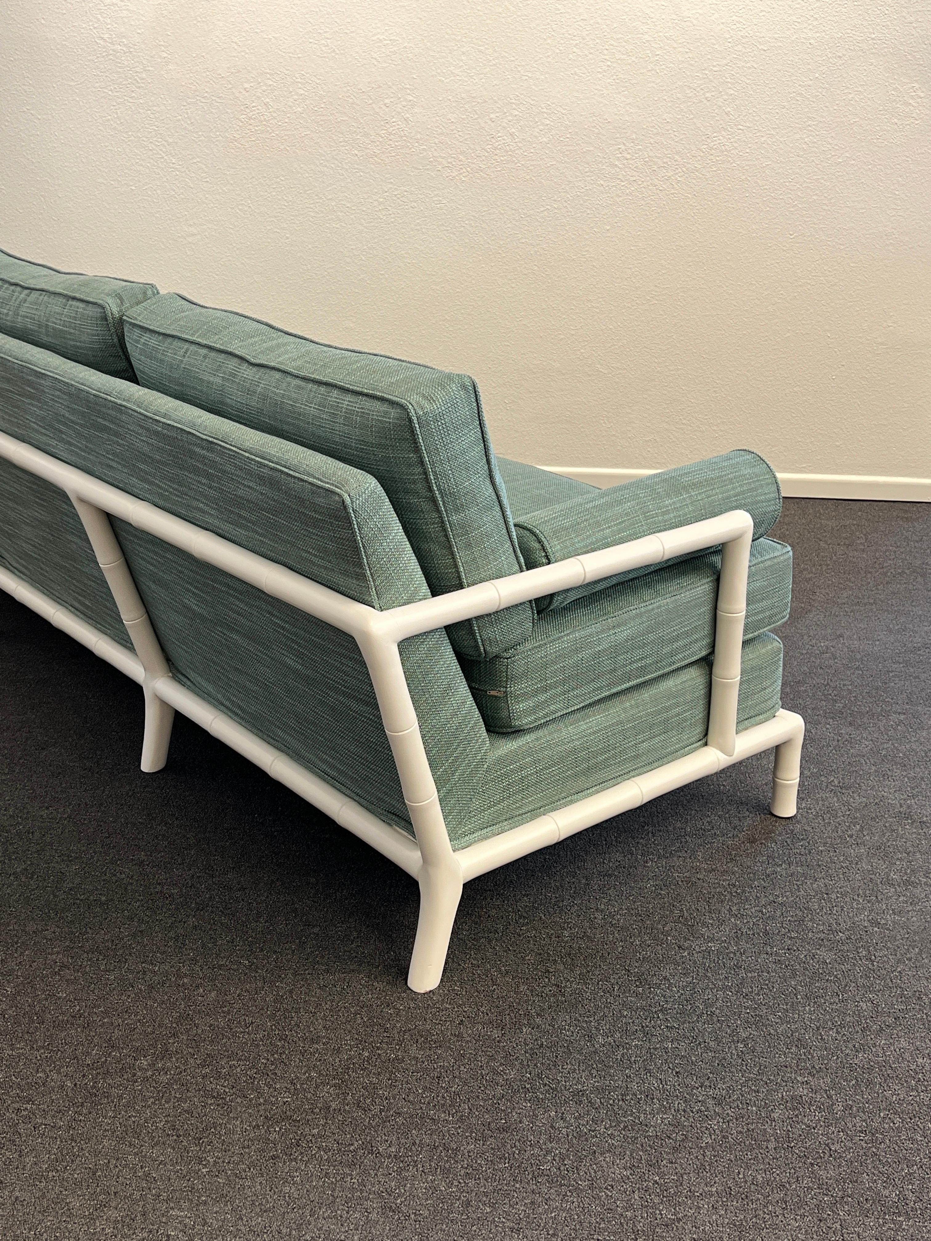 Mid-Century Modern White Lacquered Faux Bamboo Sofa Attributed to Robsjohn Gibbings For Sale