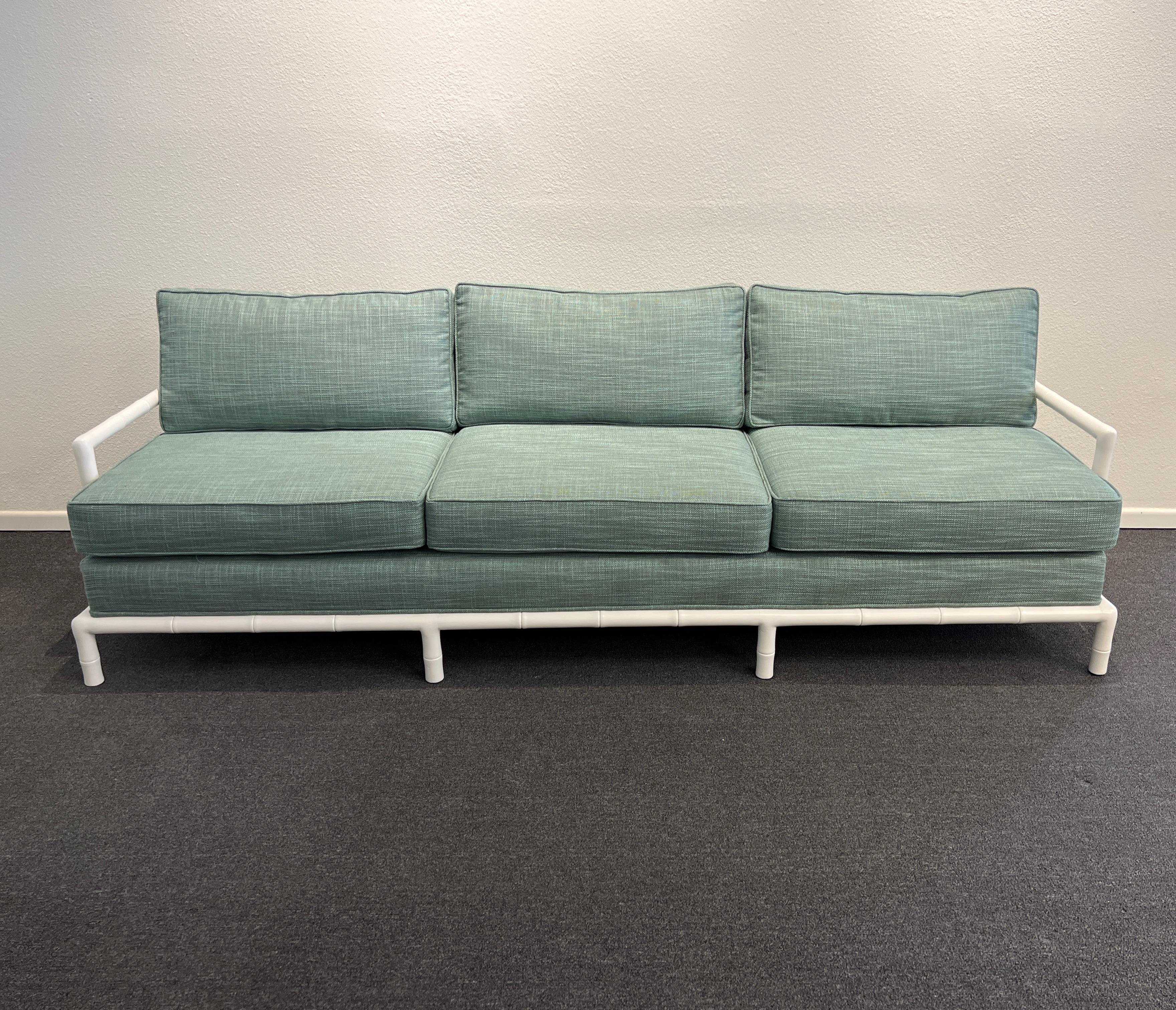 White Lacquered Faux Bamboo Sofa Attributed to Robsjohn Gibbings In Good Condition For Sale In Palm Springs, CA