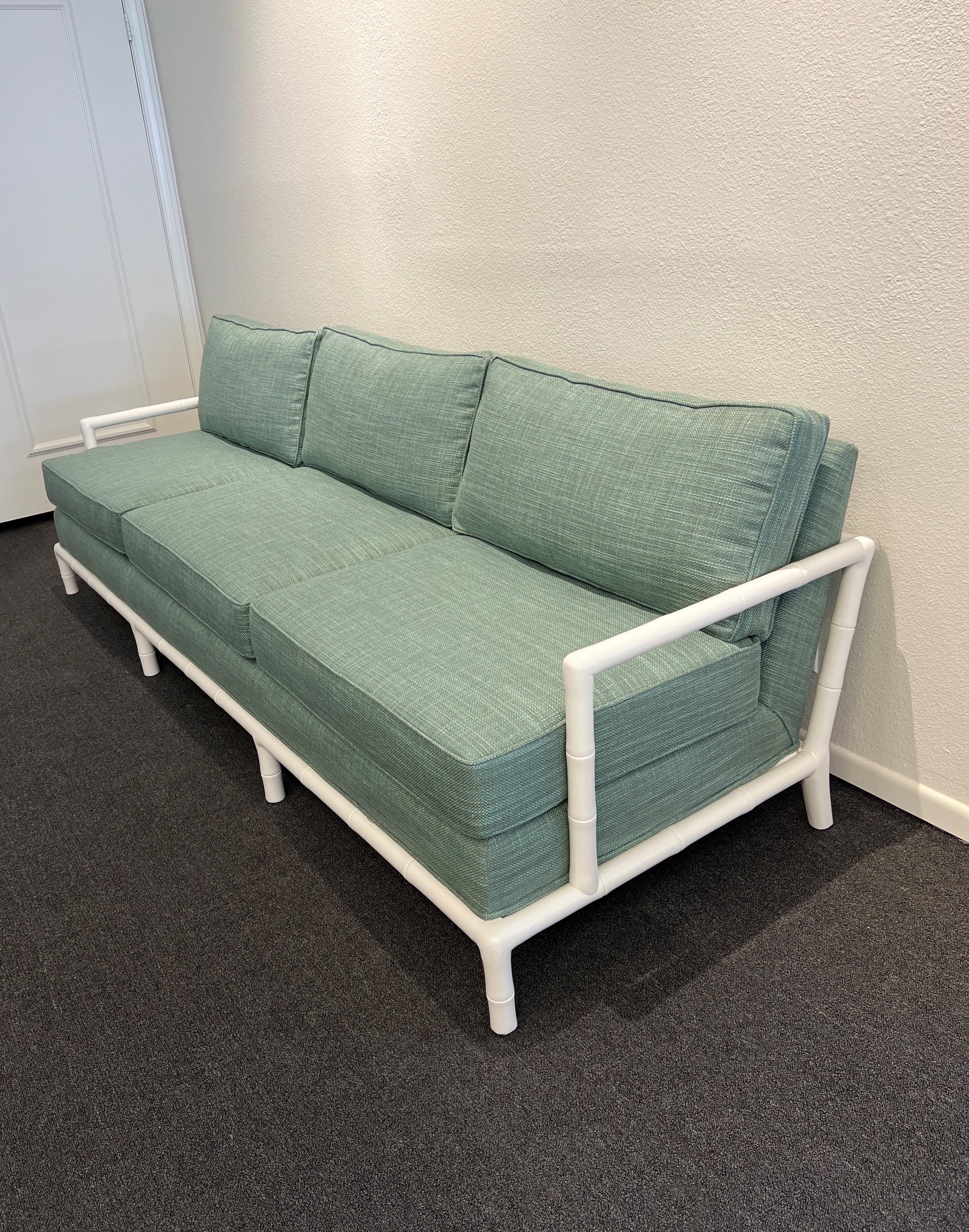 White Lacquered Faux Bamboo Sofa Attributed to Robsjohn Gibbings For Sale 1
