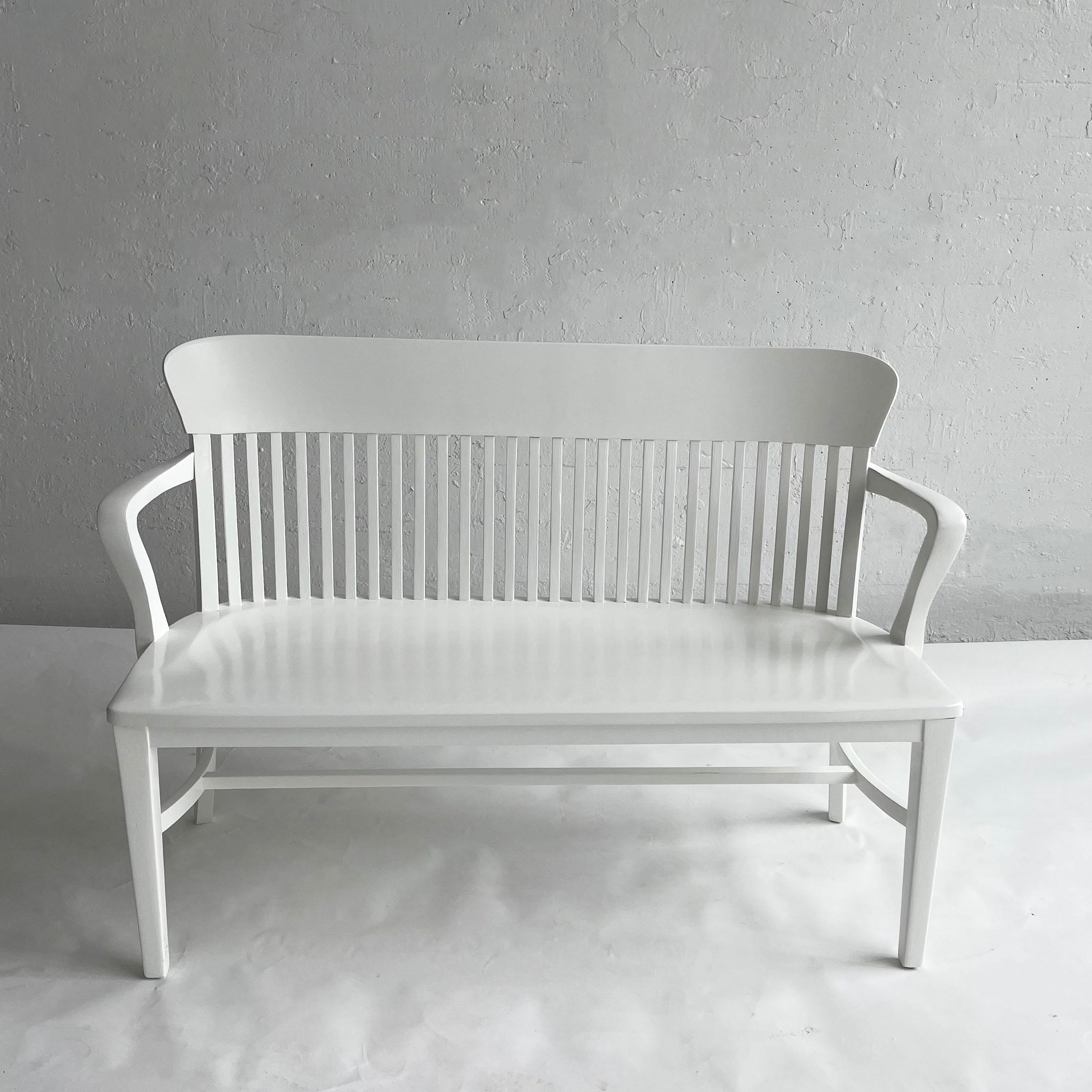 White Lacquered Industrial Oak Court Bench In Good Condition For Sale In Brooklyn, NY