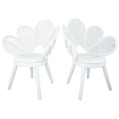 White Lacquered Mahogany Wooden Feet and Rattan Pair of Flower Armchairs