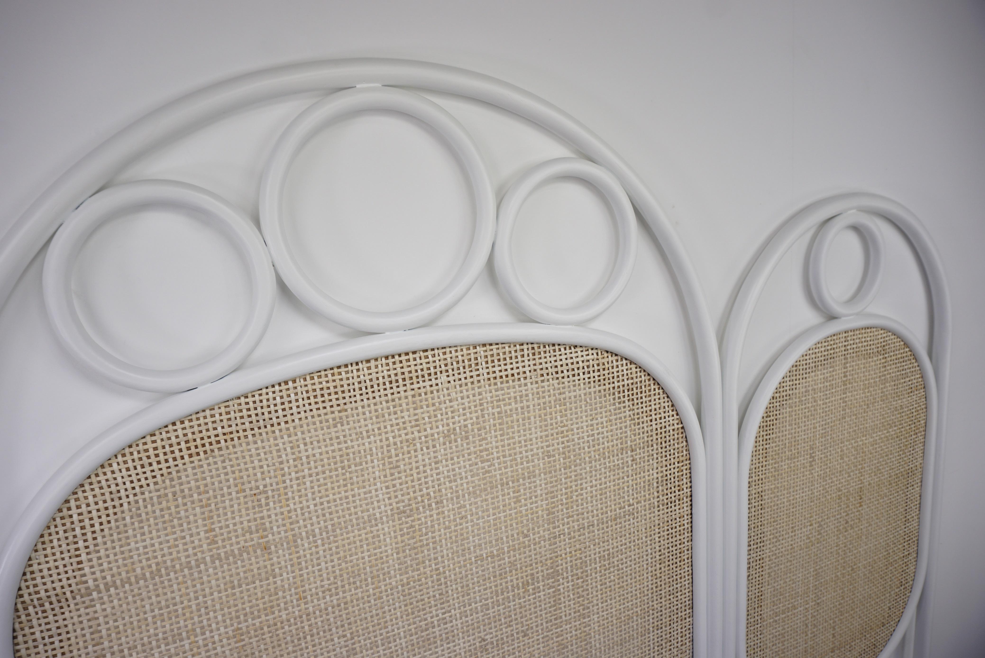 White Lacquered Oak Wooden and Wicker Cane Queen or King Size Headboard 3