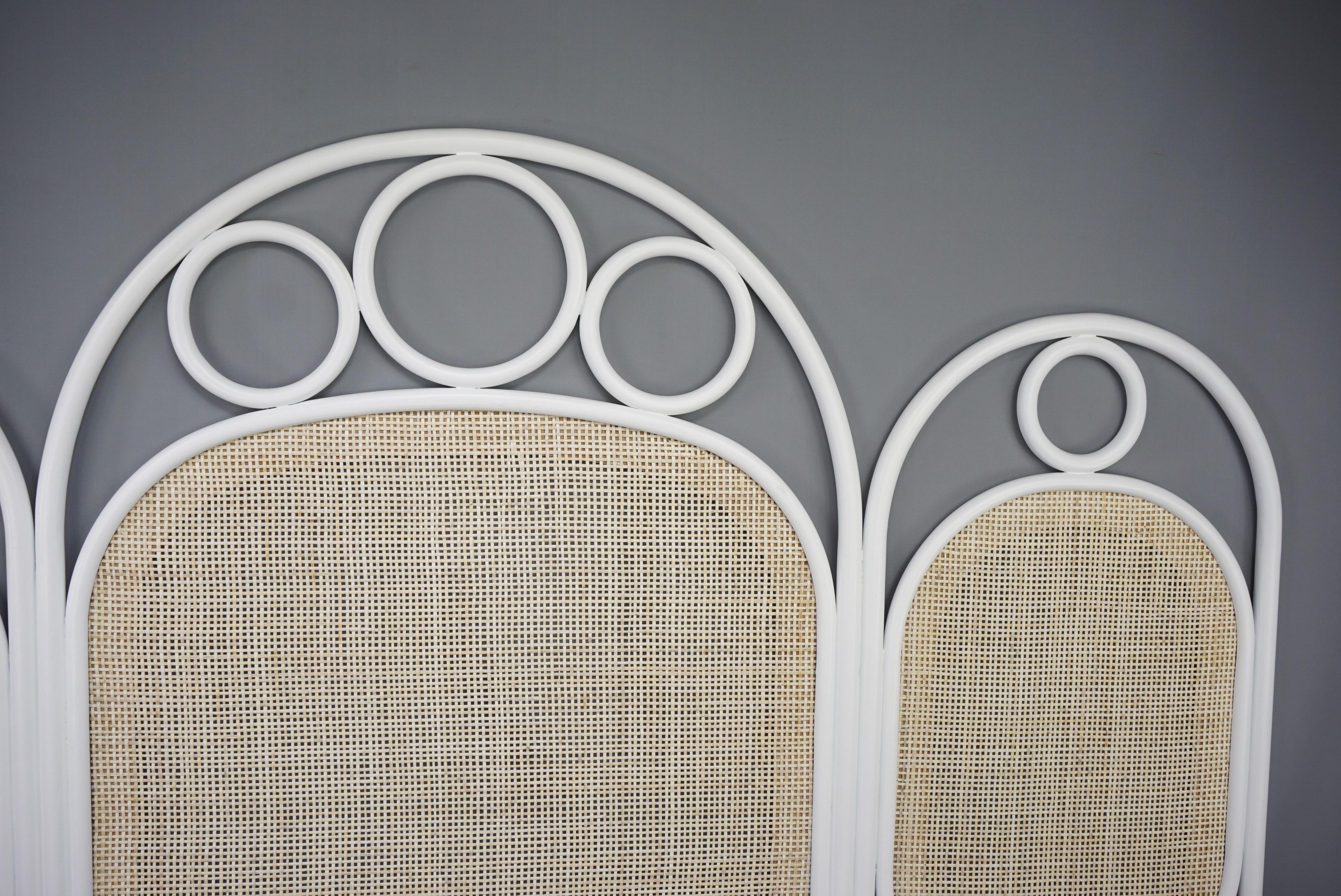 White Lacquered Oak Wooden and Wicker Cane Queen or King Size Headboard 5