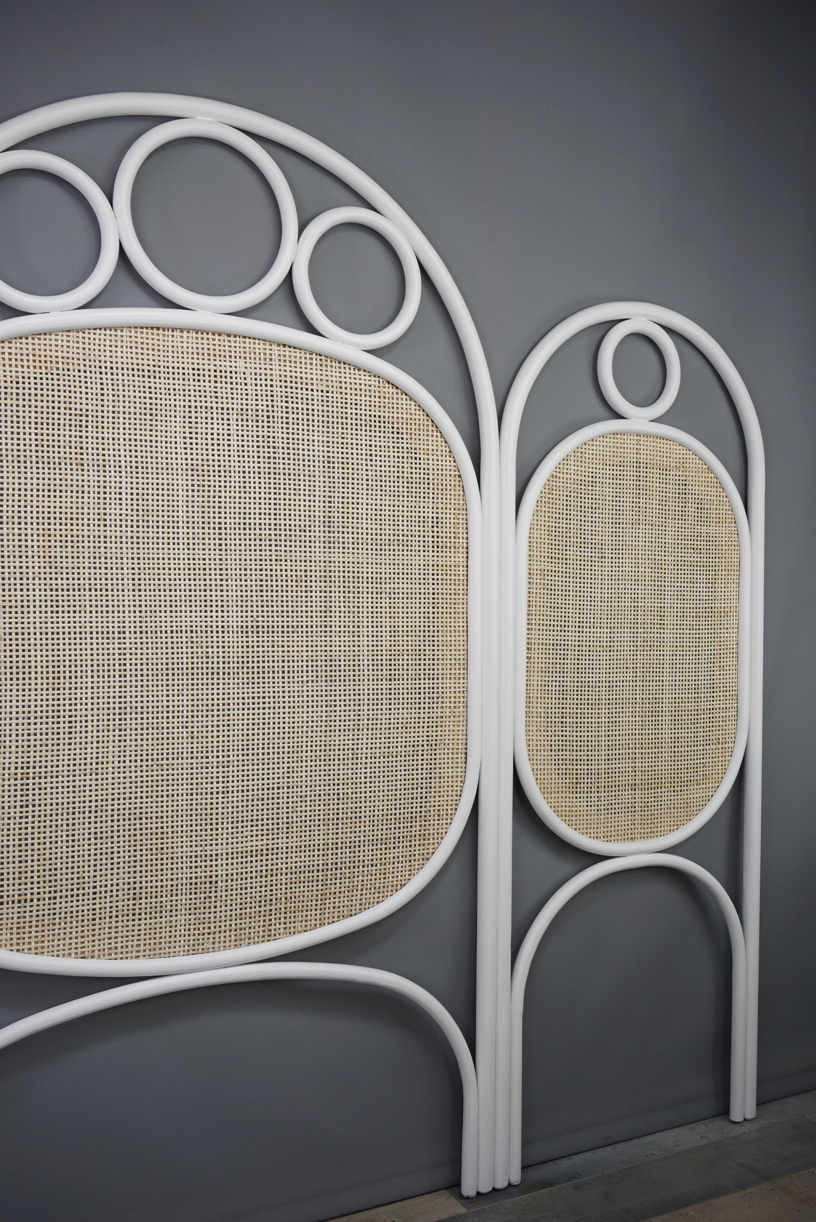 White Lacquered Oak Wooden and Wicker Cane Queen or King Size Headboard 6