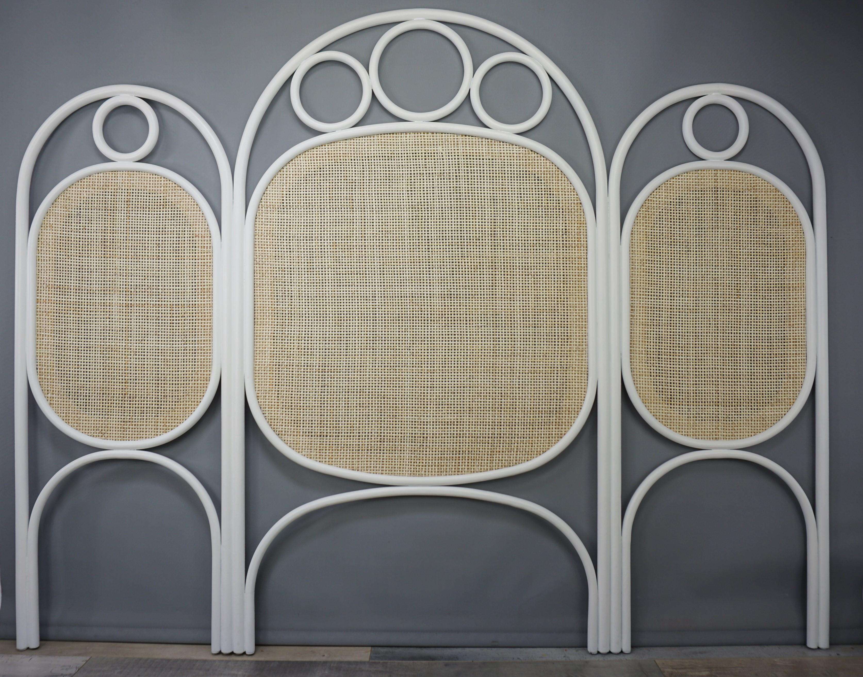White Lacquered Oak Wooden and Wicker Cane Queen or King Size Headboard 7