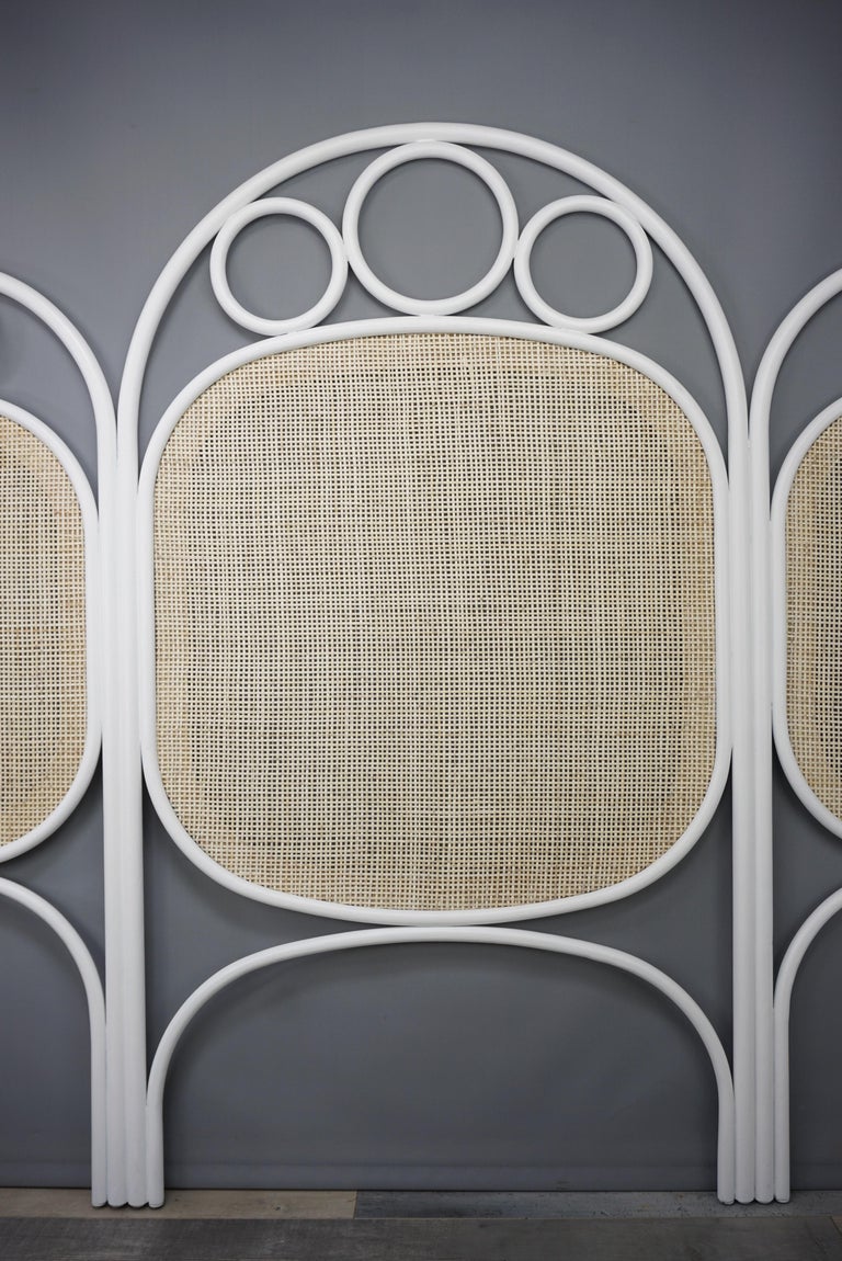 White Lacquered Oak Wooden and Wicker Cane Queen or King Size Headboard