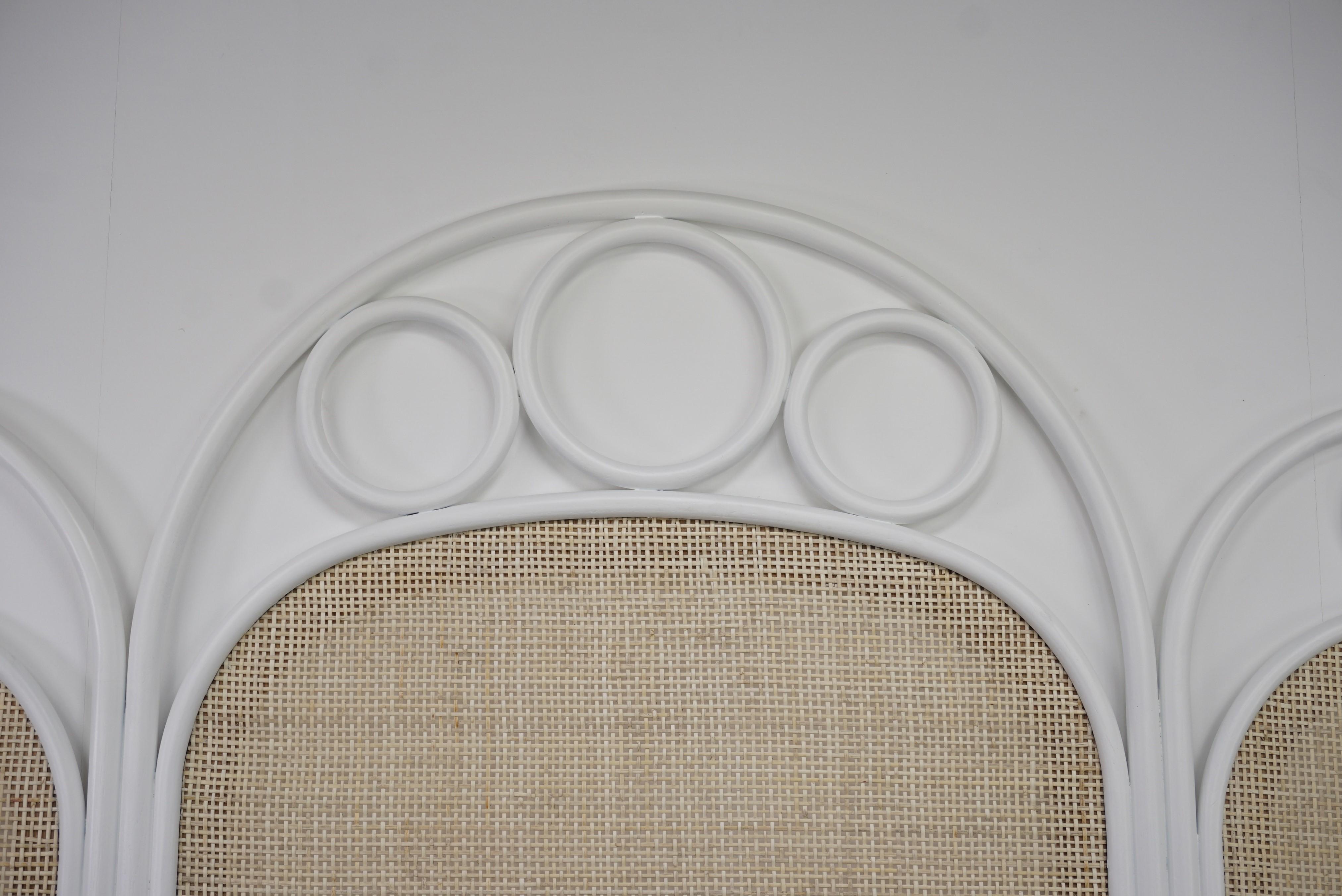 Contemporary White Lacquered Oak Wooden and Wicker Cane Queen or King Size Headboard