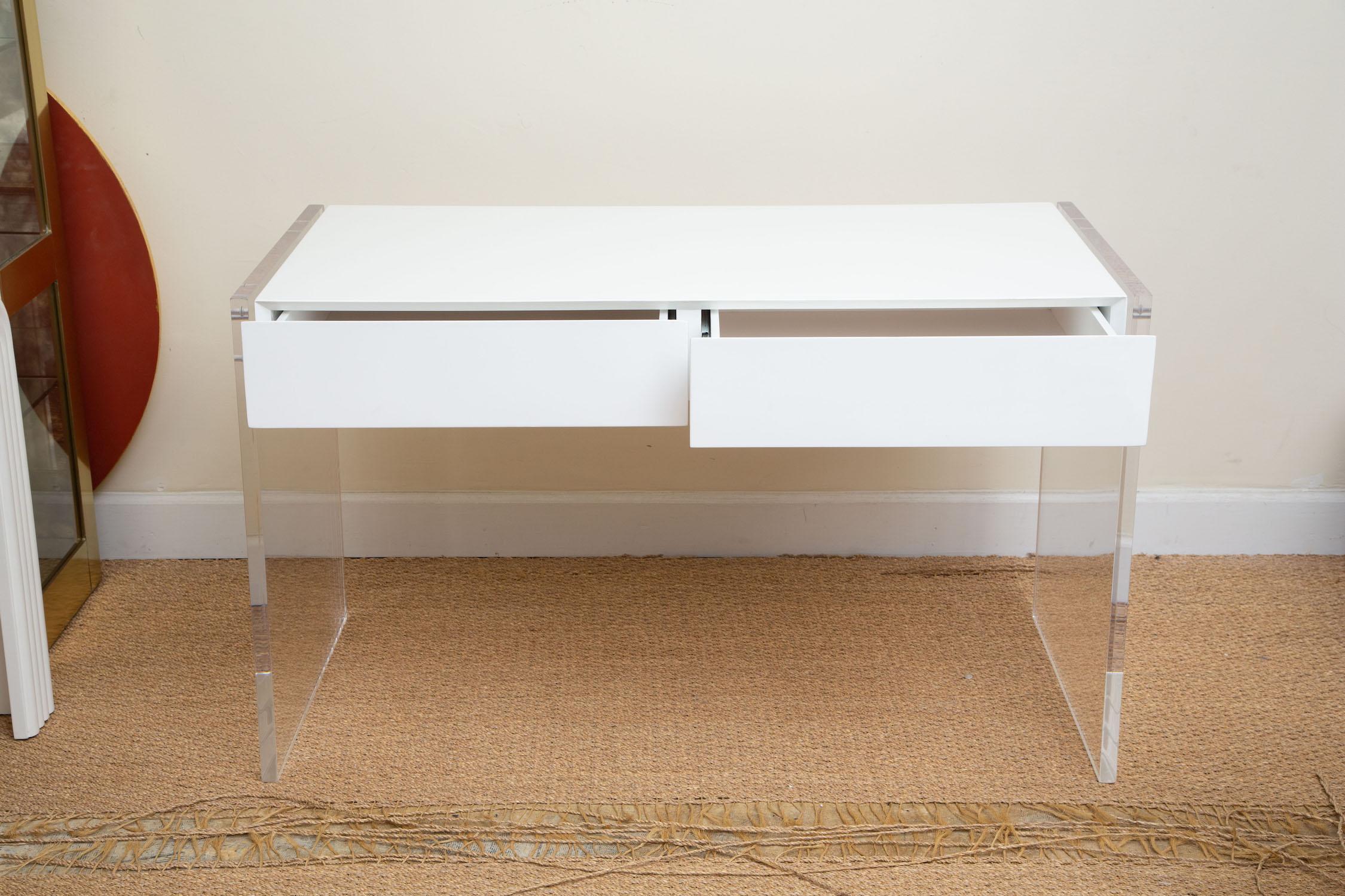 Modern White Lacquered Over Wood and Lucite End Paneled Two Drawer Desk or Vanity
