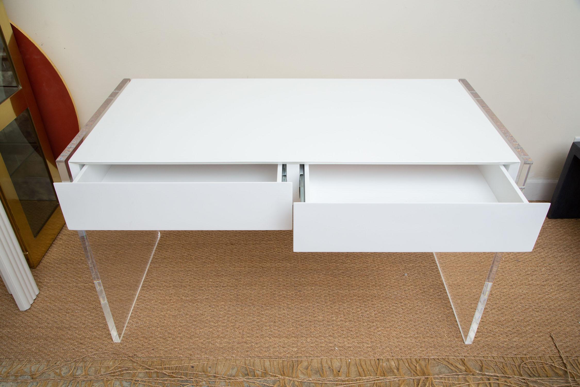 American White Lacquered Over Wood and Lucite End Paneled Two Drawer Desk or Vanity