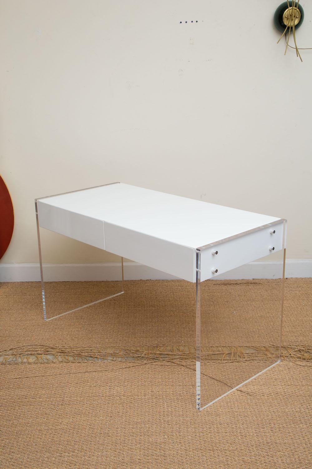 White Lacquered Over Wood and Lucite End Paneled Two Drawer Desk or Vanity In Good Condition In North Miami, FL