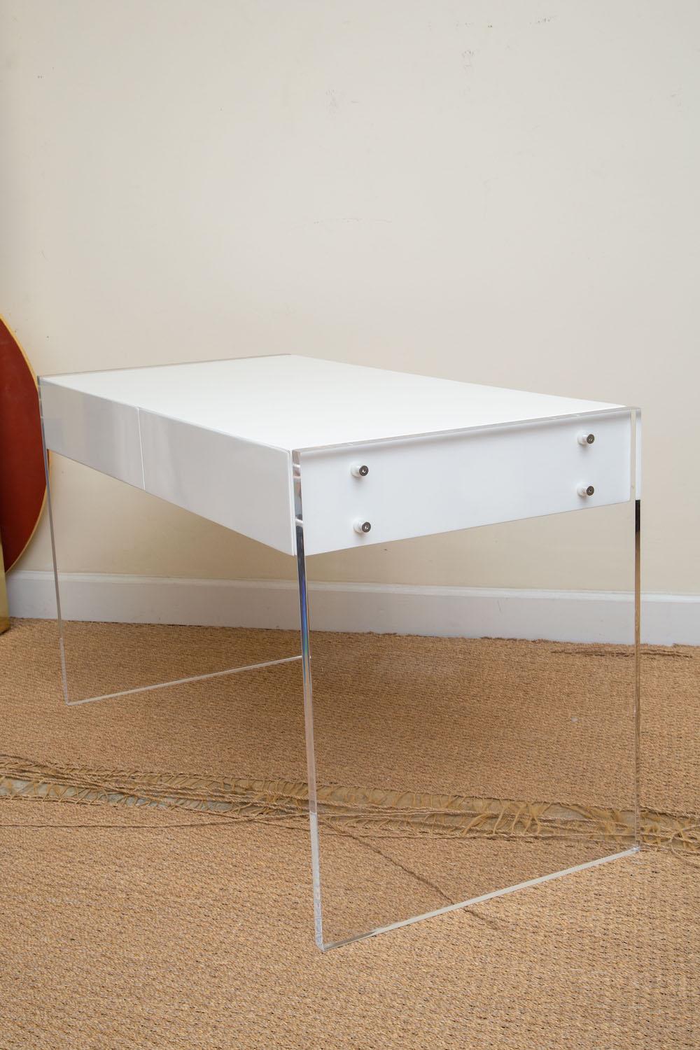 Contemporary White Lacquered Over Wood and Lucite End Paneled Two Drawer Desk or Vanity