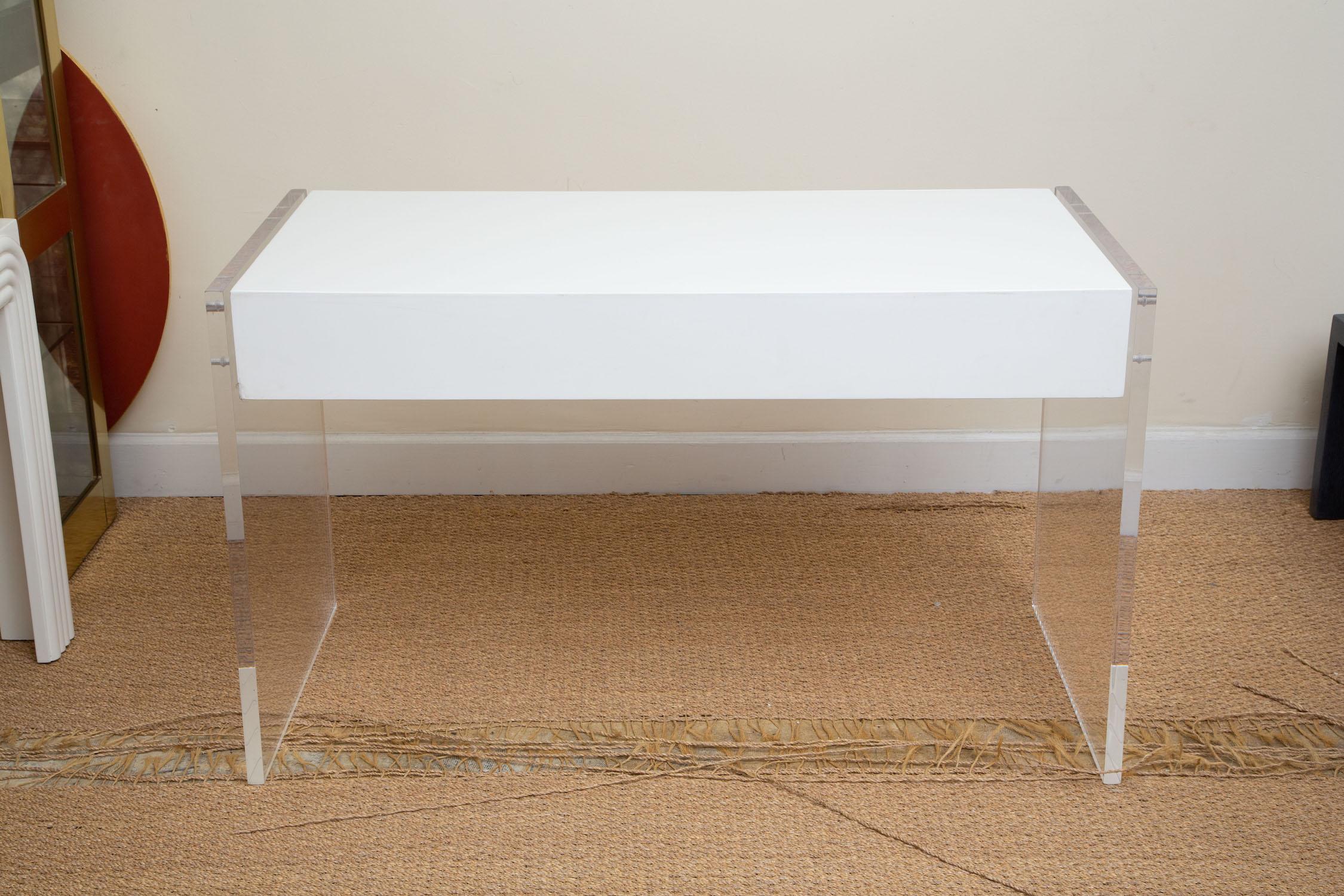 White Lacquered Over Wood and Lucite End Paneled Two Drawer Desk or Vanity 1