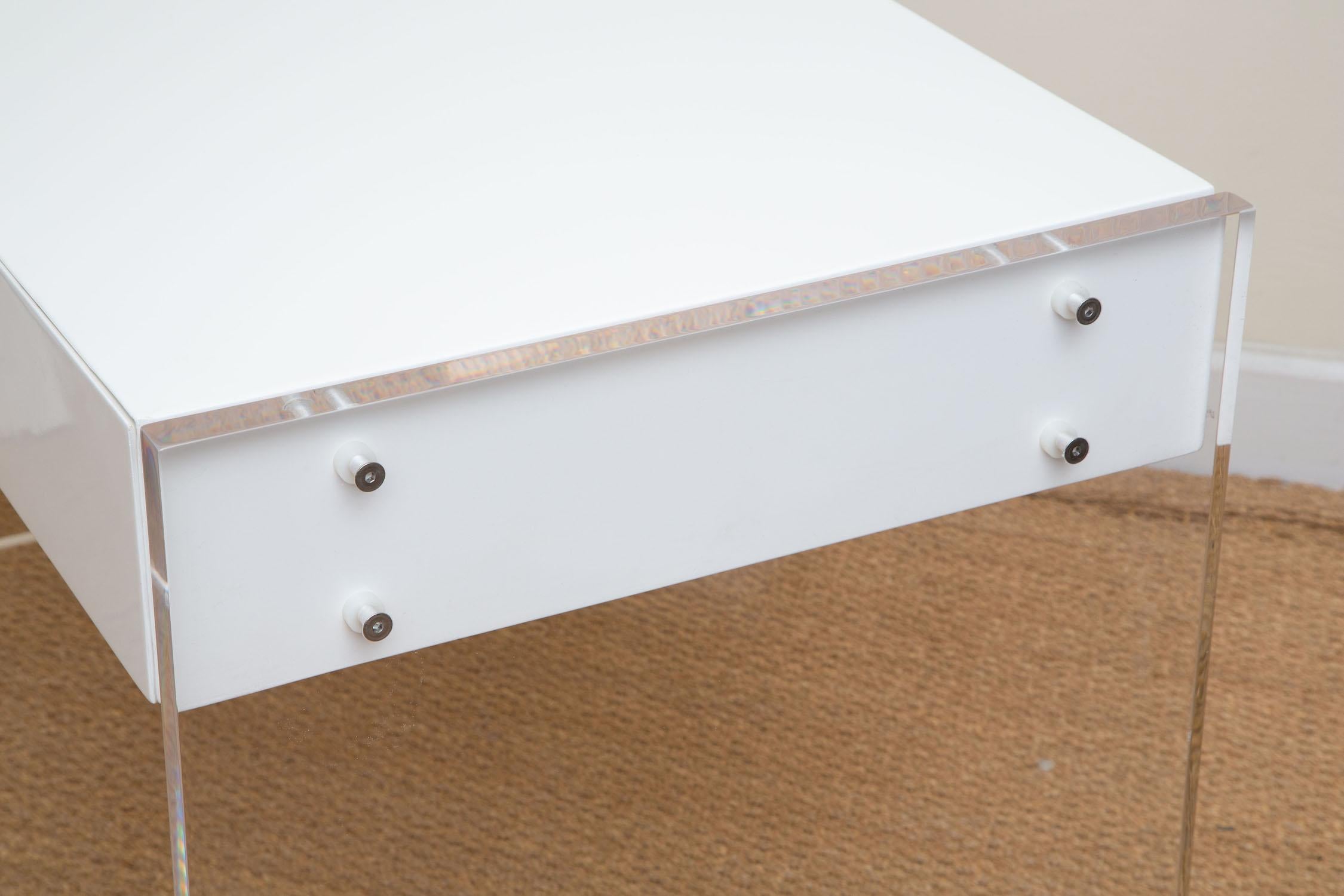 White Lacquered Over Wood and Lucite End Paneled Two Drawer Desk or Vanity 2