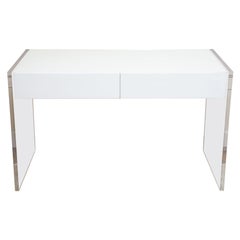 White Lacquered Over Wood and Lucite End Paneled Two Drawer Desk or Vanity