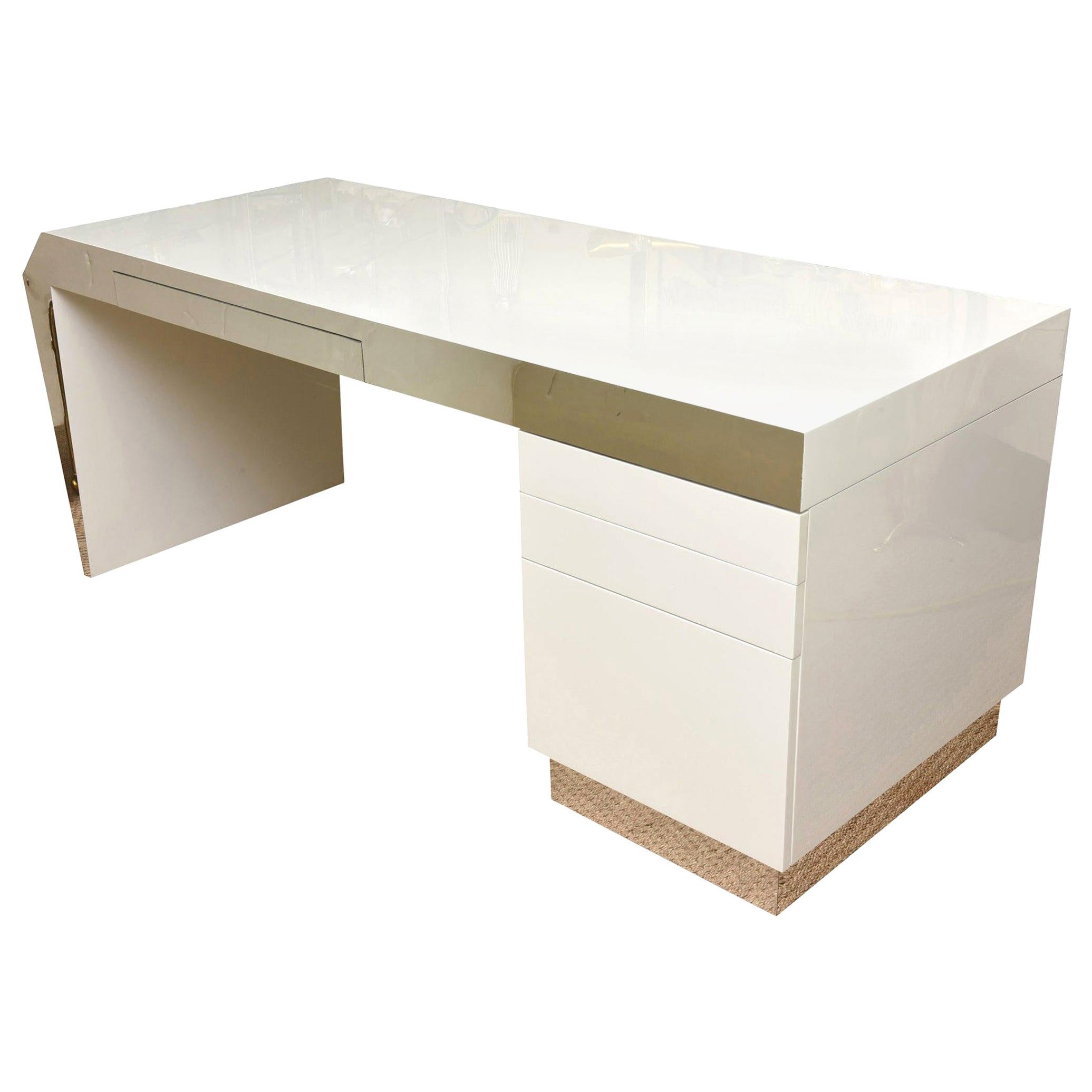 White Lacquered over Wood and Stainless Steel Wrap Sculptural Desk Vintage