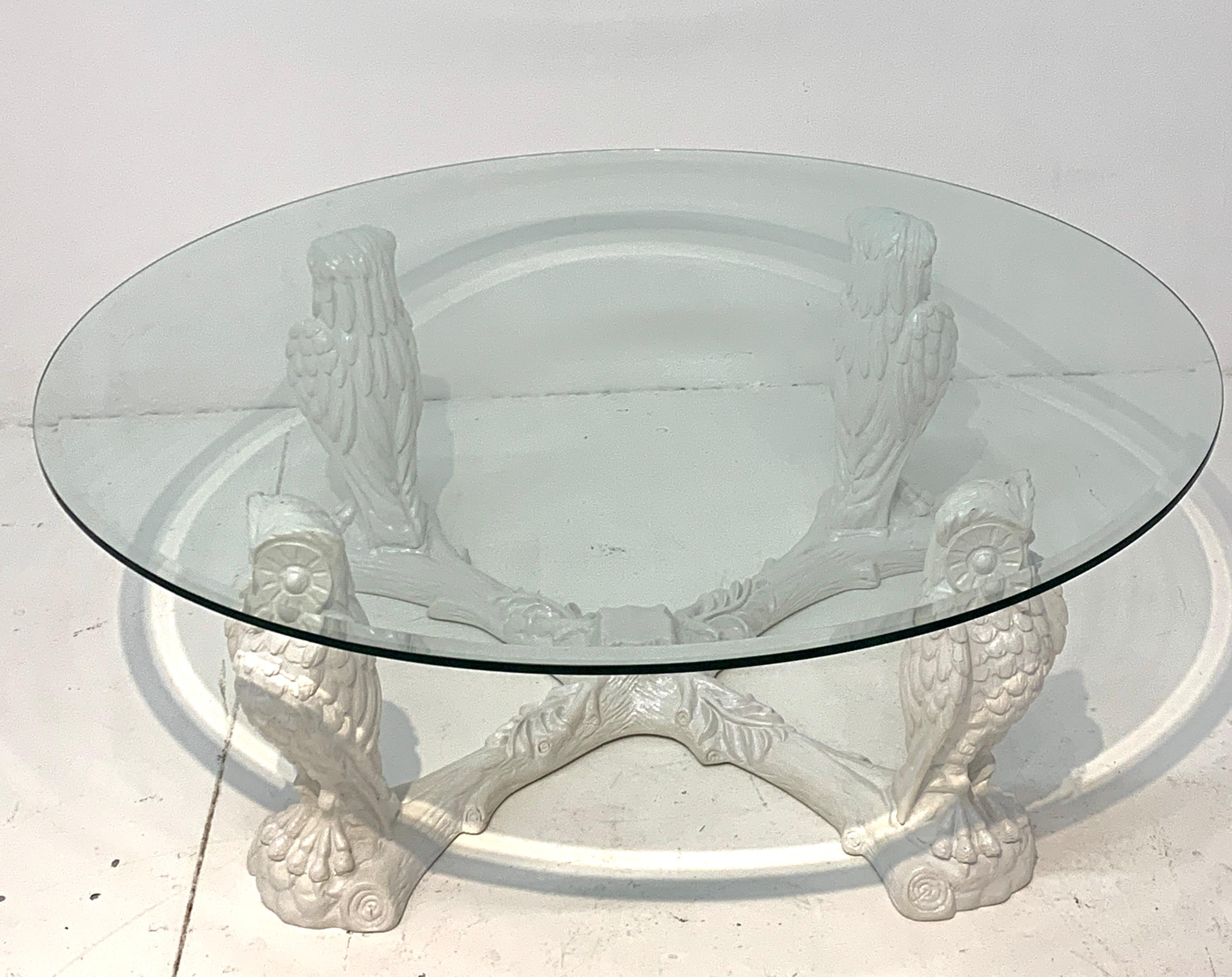 White Lacquered Owl Motif Coffee Table Base, Atrbutted to Gampel & Stoll, four seated well careved owls, joined by a faux bois stretcher. This listing is for the 29