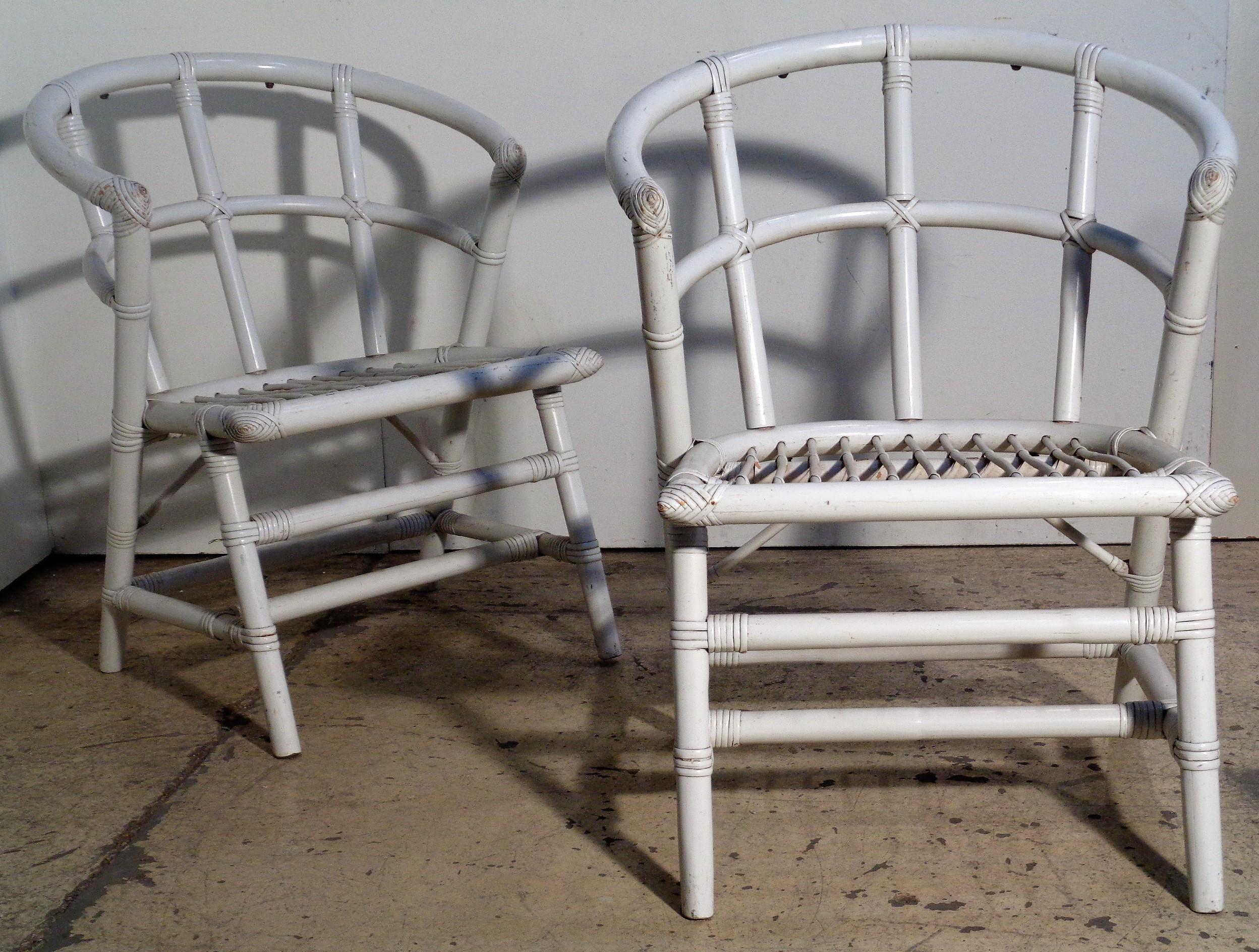 American White Lacquered Rattan Armchairs by Willow and Reed / Tommi Parzinger 
