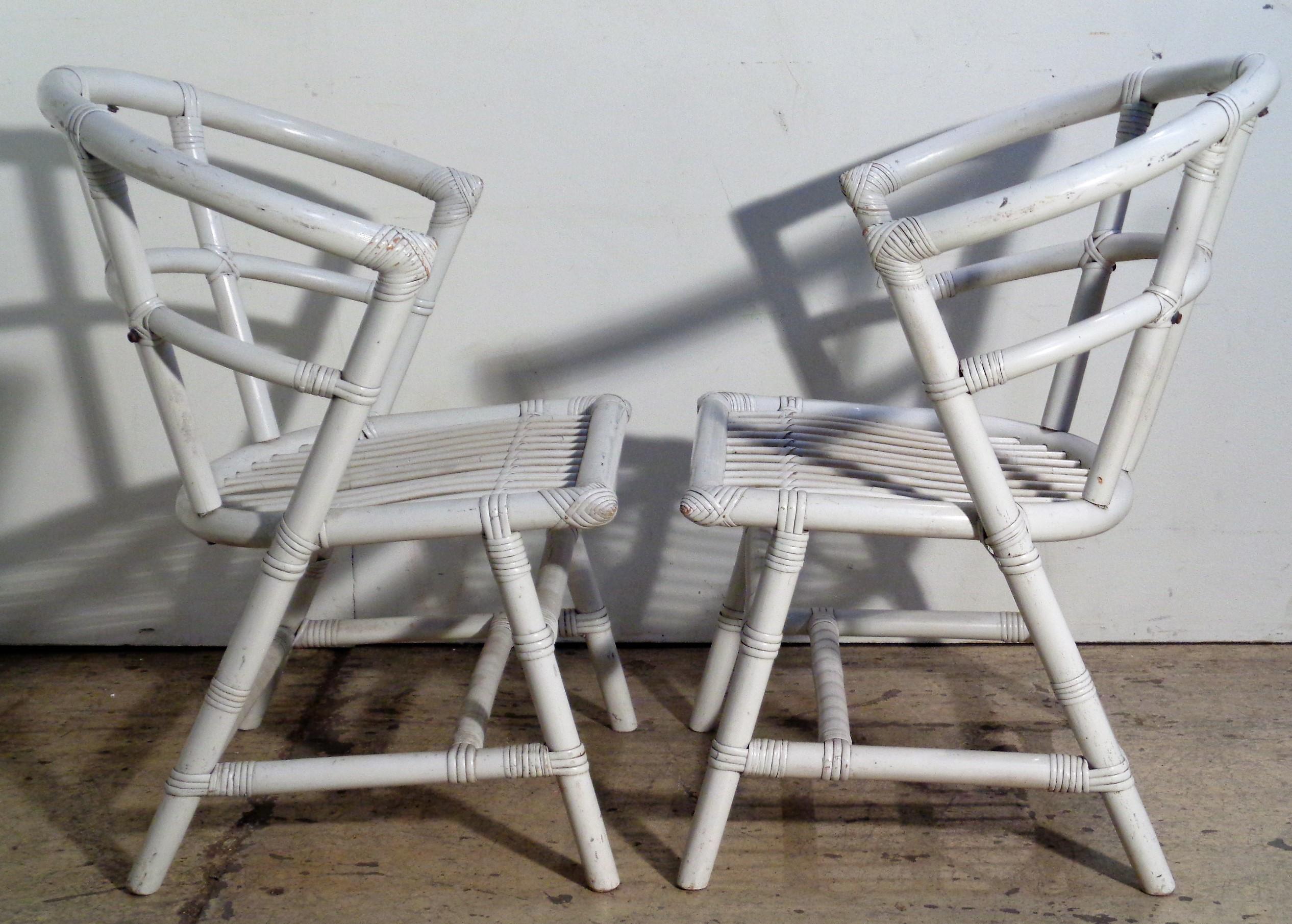 Hand-Crafted White Lacquered Rattan Armchairs by Willow and Reed / Tommi Parzinger 