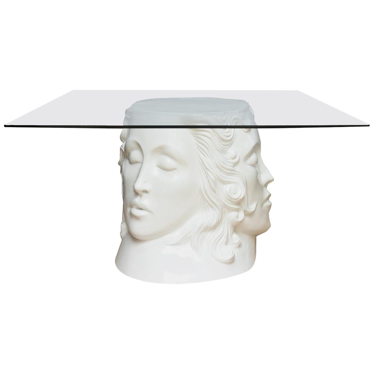 White Lacquered Resin and Glass Dining Table, Center or Entry Table Signed