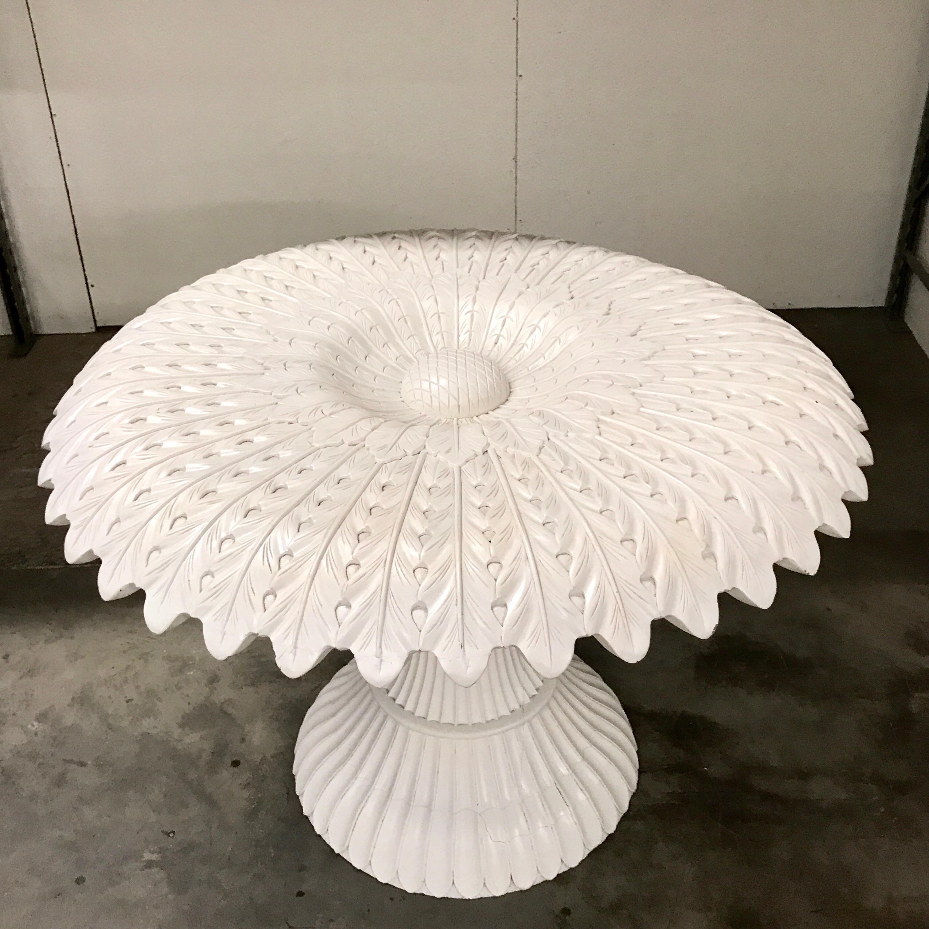 Midcentury white lacquered sculptural sunflower table, in the Manner of Pedro Friedeberg fantastically carved and lacquered wood table with a 40
