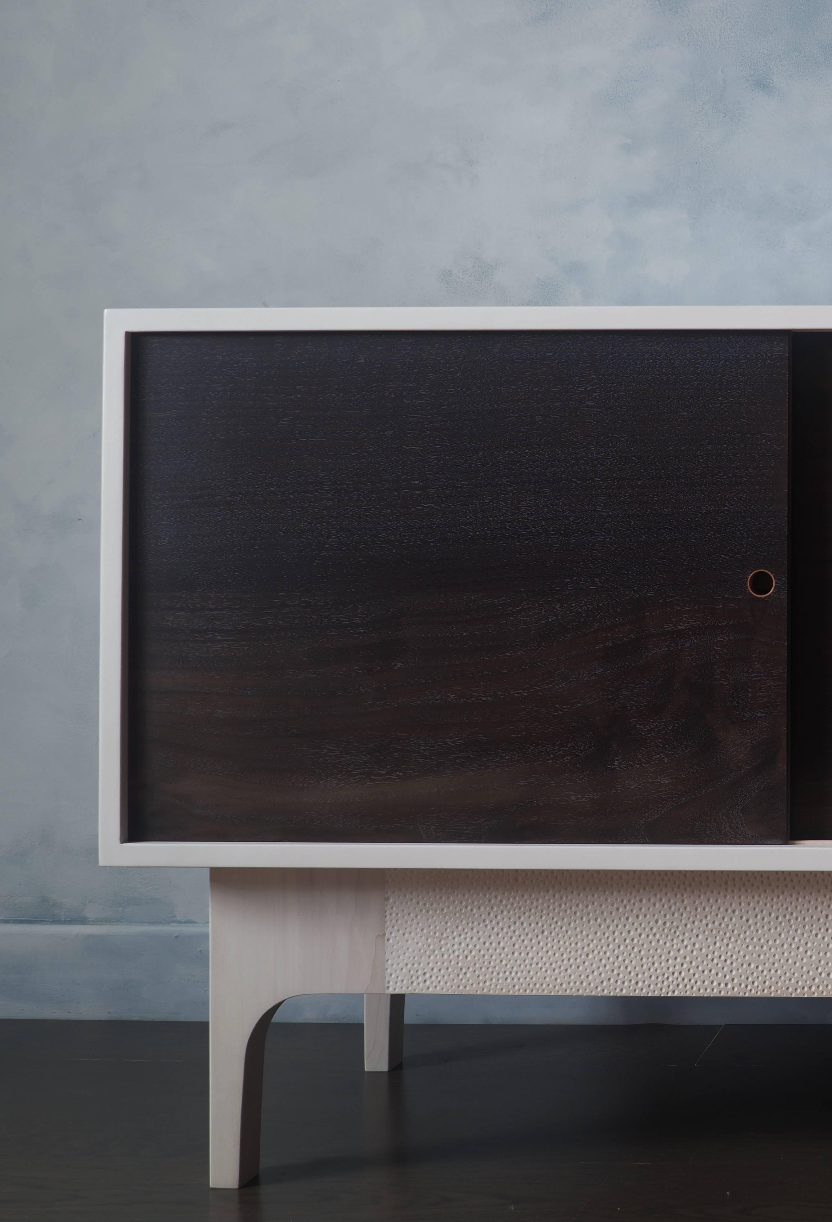 White Lacquered Sideboard with Walnut Doors and Hand-Carved Base 2