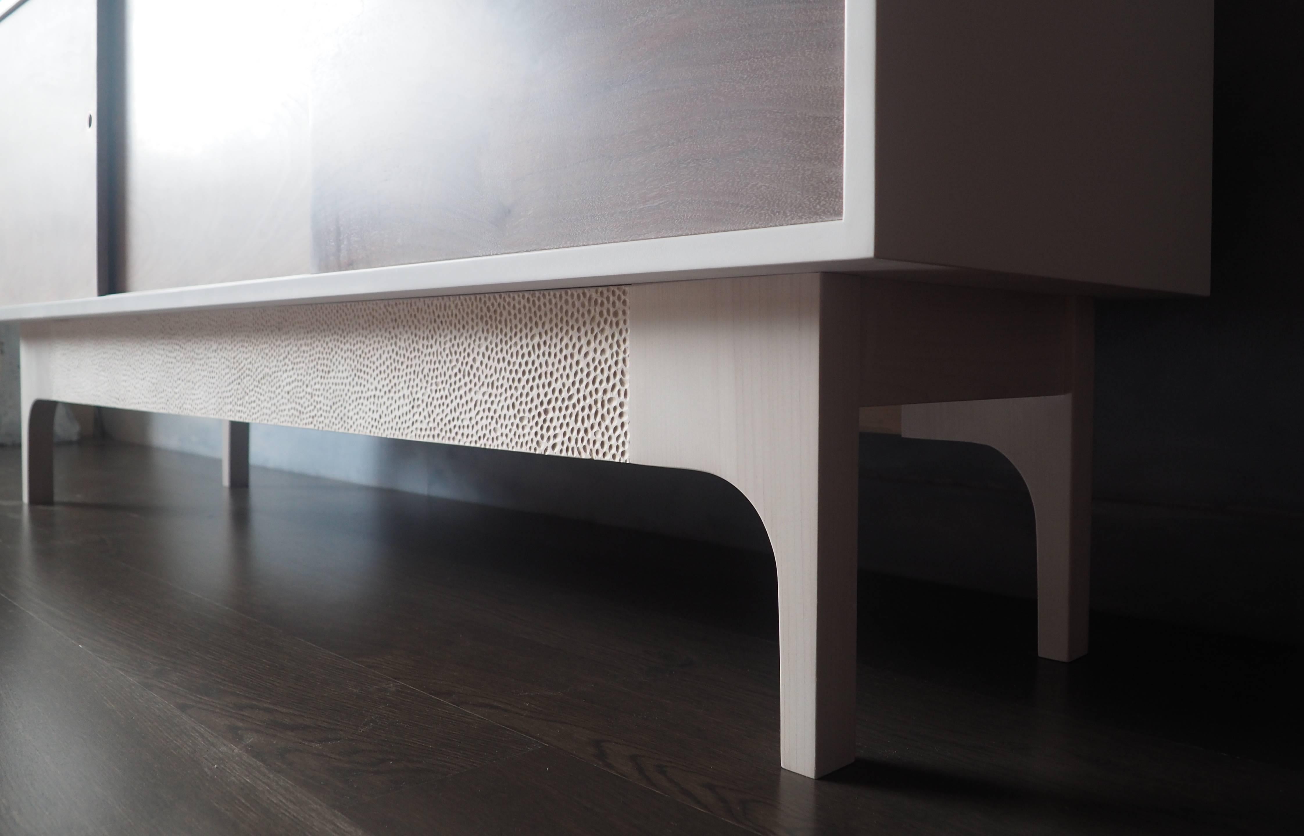 Canadian White Lacquered Sideboard with Walnut Doors and Hand-Carved Base