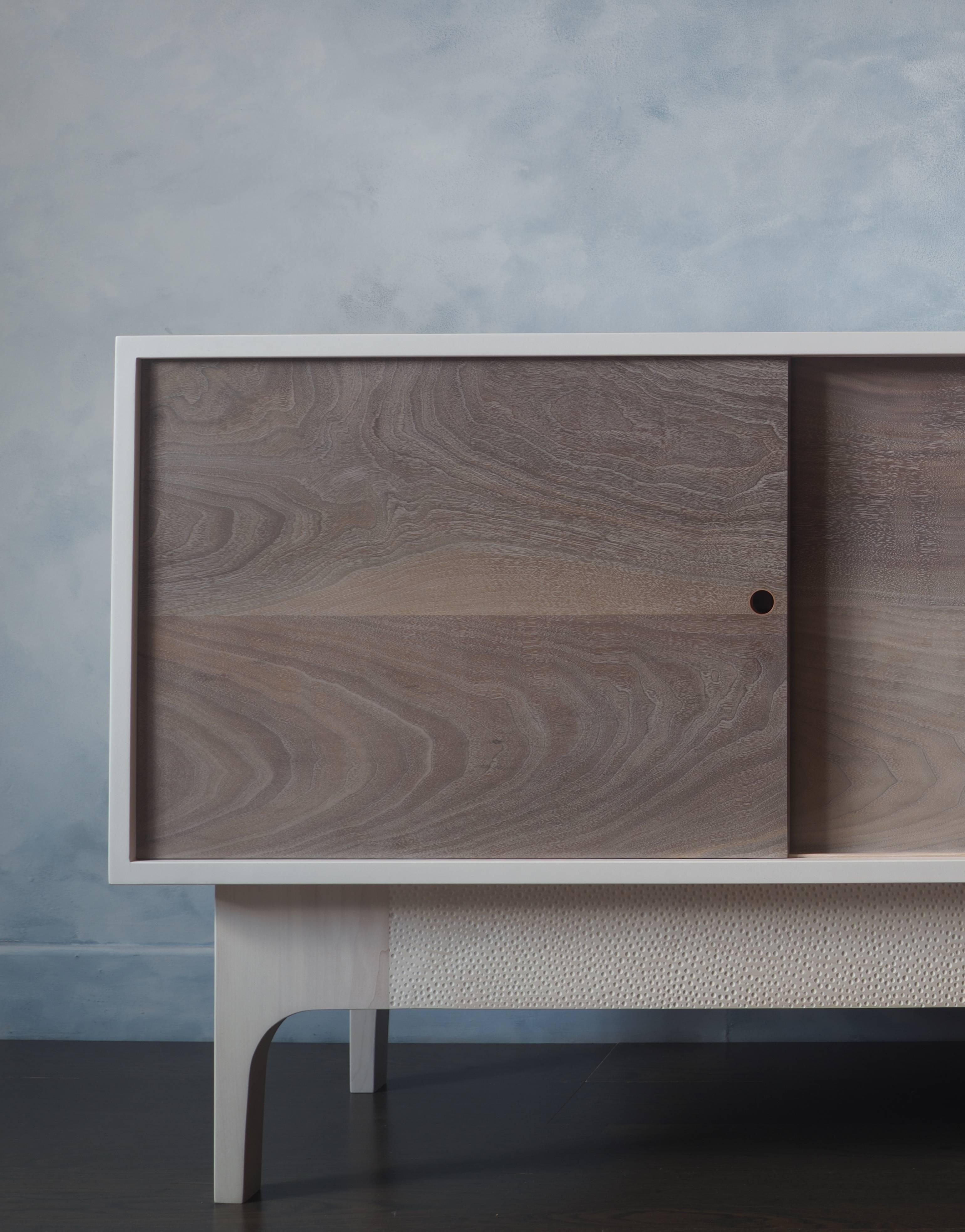 White Lacquered Sideboard with Walnut Doors and Hand-Carved Base In New Condition In Vancouver, BC