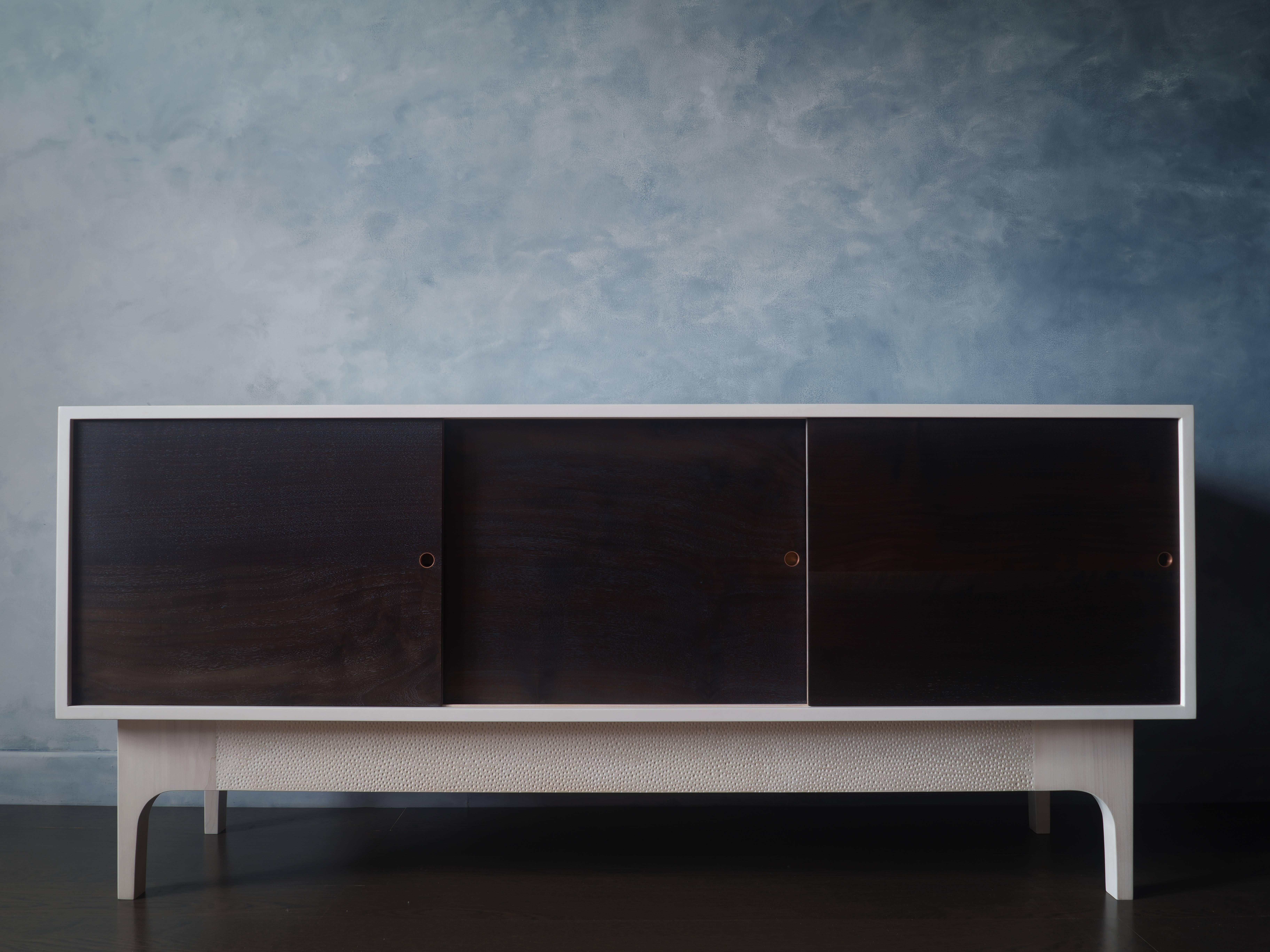 Contemporary White Lacquered Sideboard with Walnut Doors and Hand-Carved Base