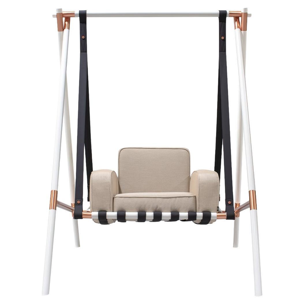 White Lacquered Stainless Steel Outdoor Swing with Beige Outdoor Fabric